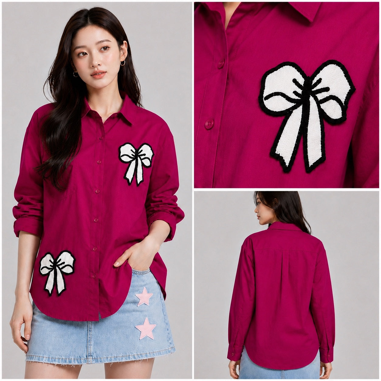 Women’s Oversized Embroidered Bow Patch Cotton Shirt – Free Size