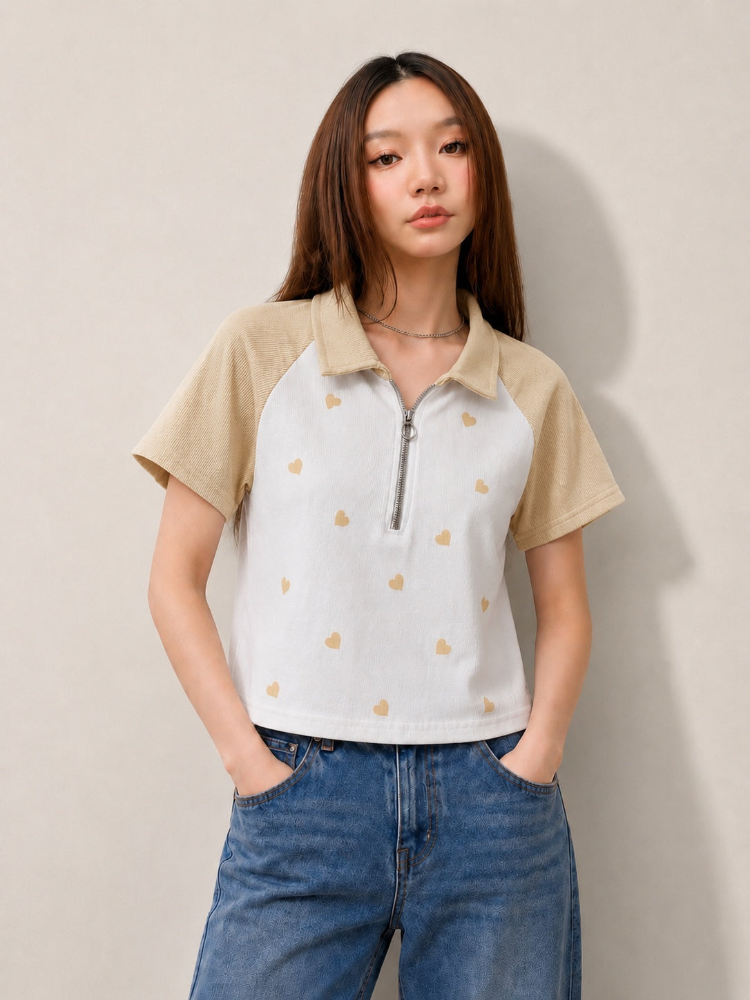 Heart Print Zip-Up Collar Crop Top