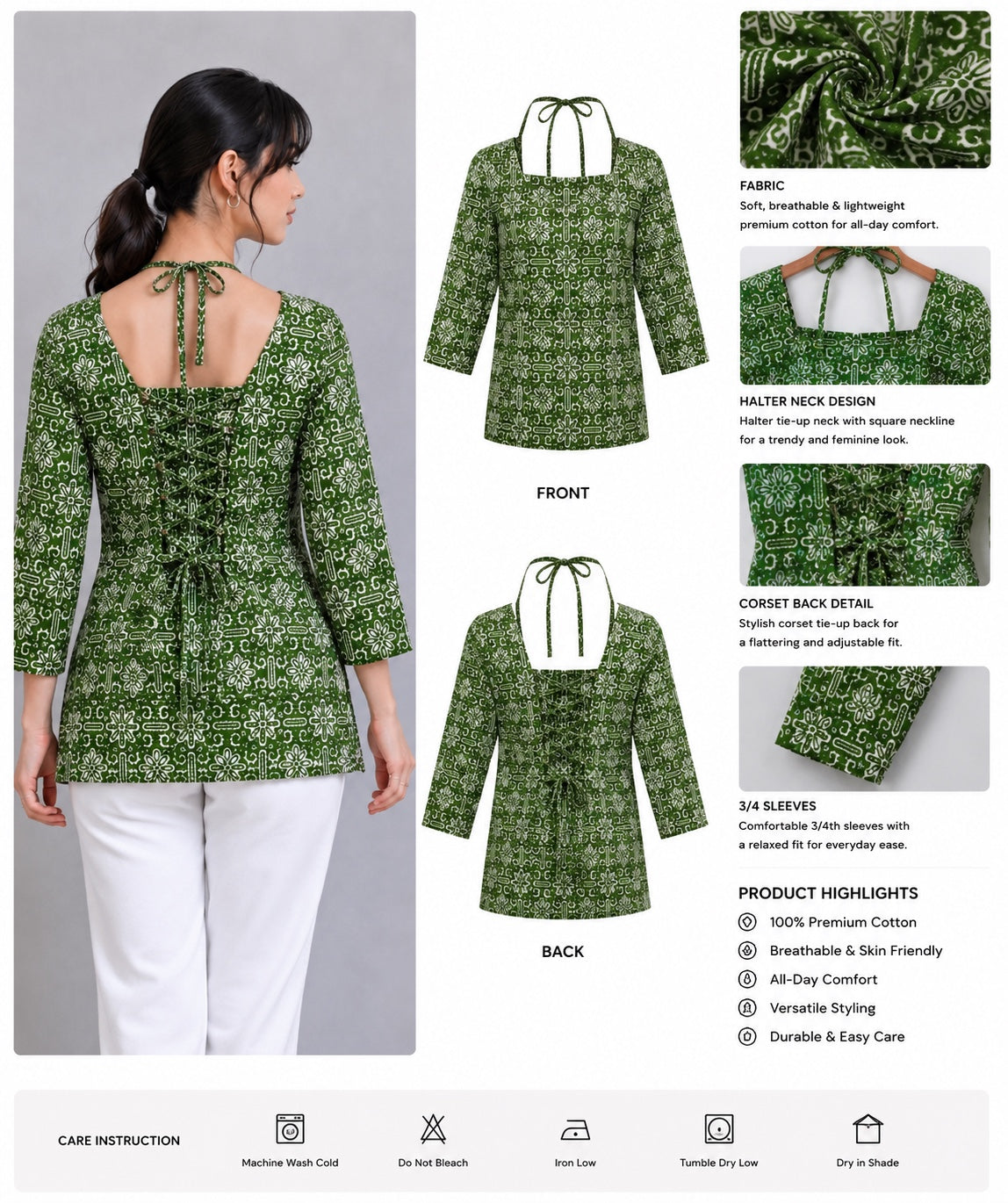 Heritage Print Lace-Up Cotton Short Kurti