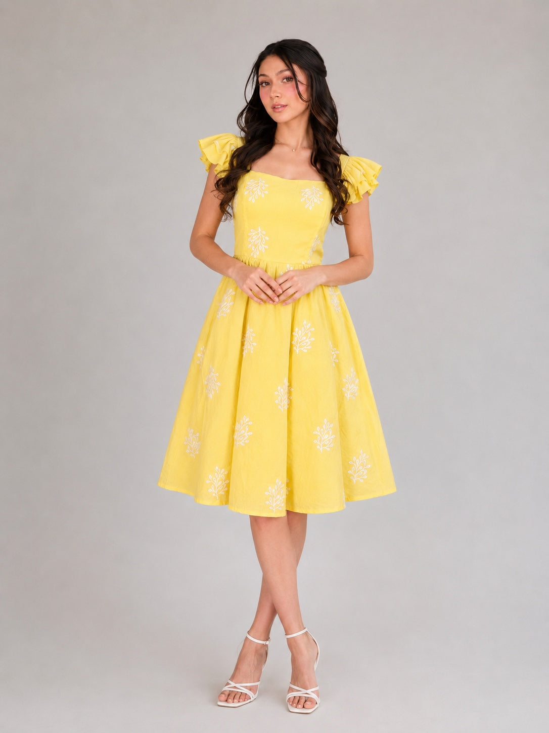 Leafy Embroidered Fit and Flare Mini Dress