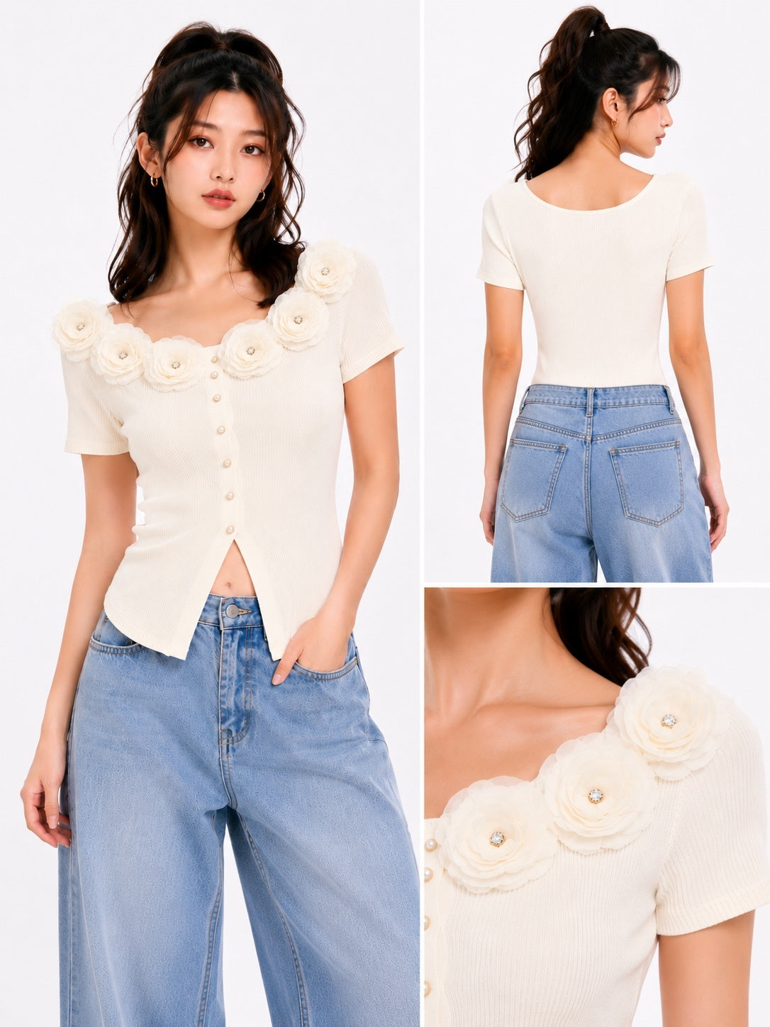 3D Floral Ribbed Knit Top