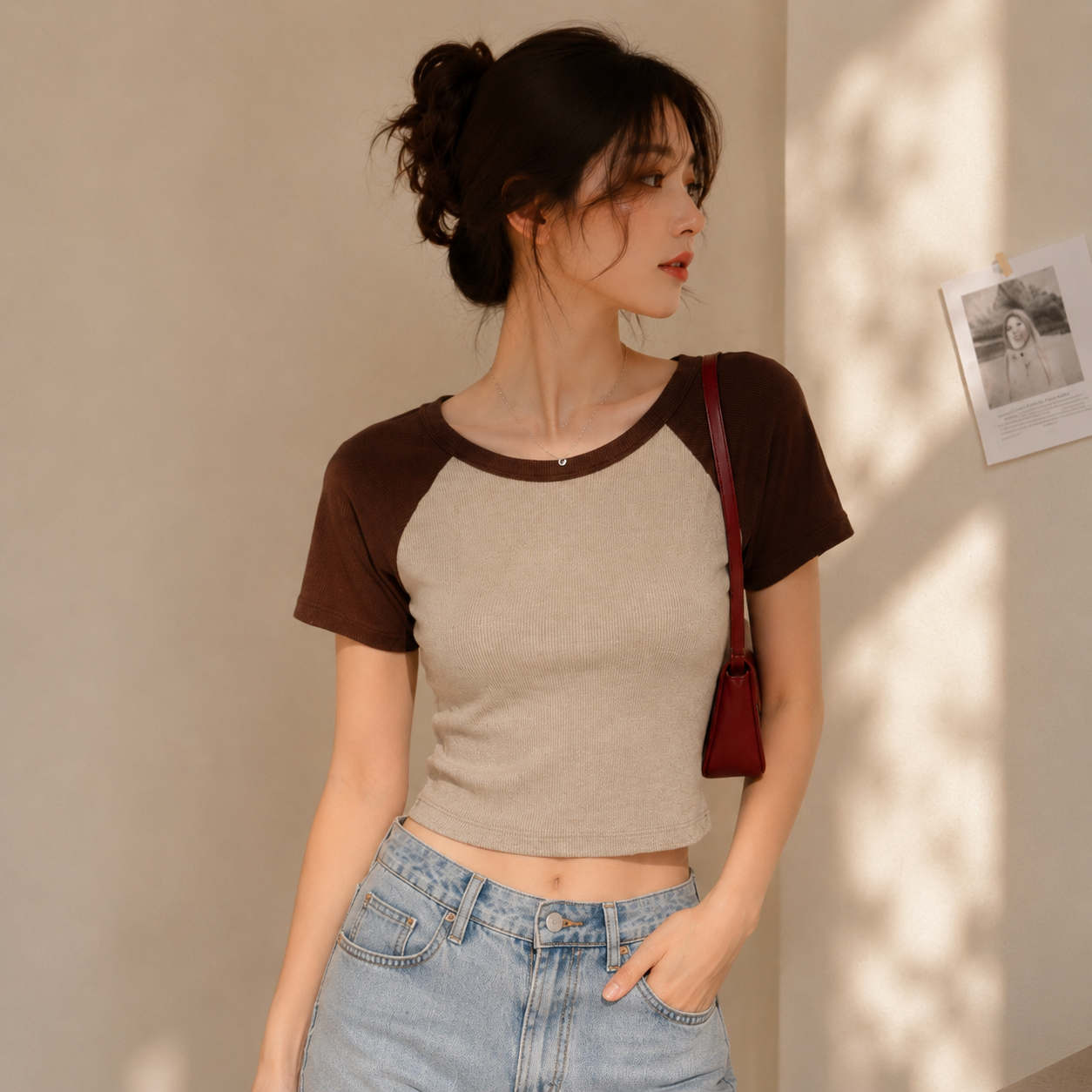 Women’s Ribbed Raglan Crop Top – Brown & Beige