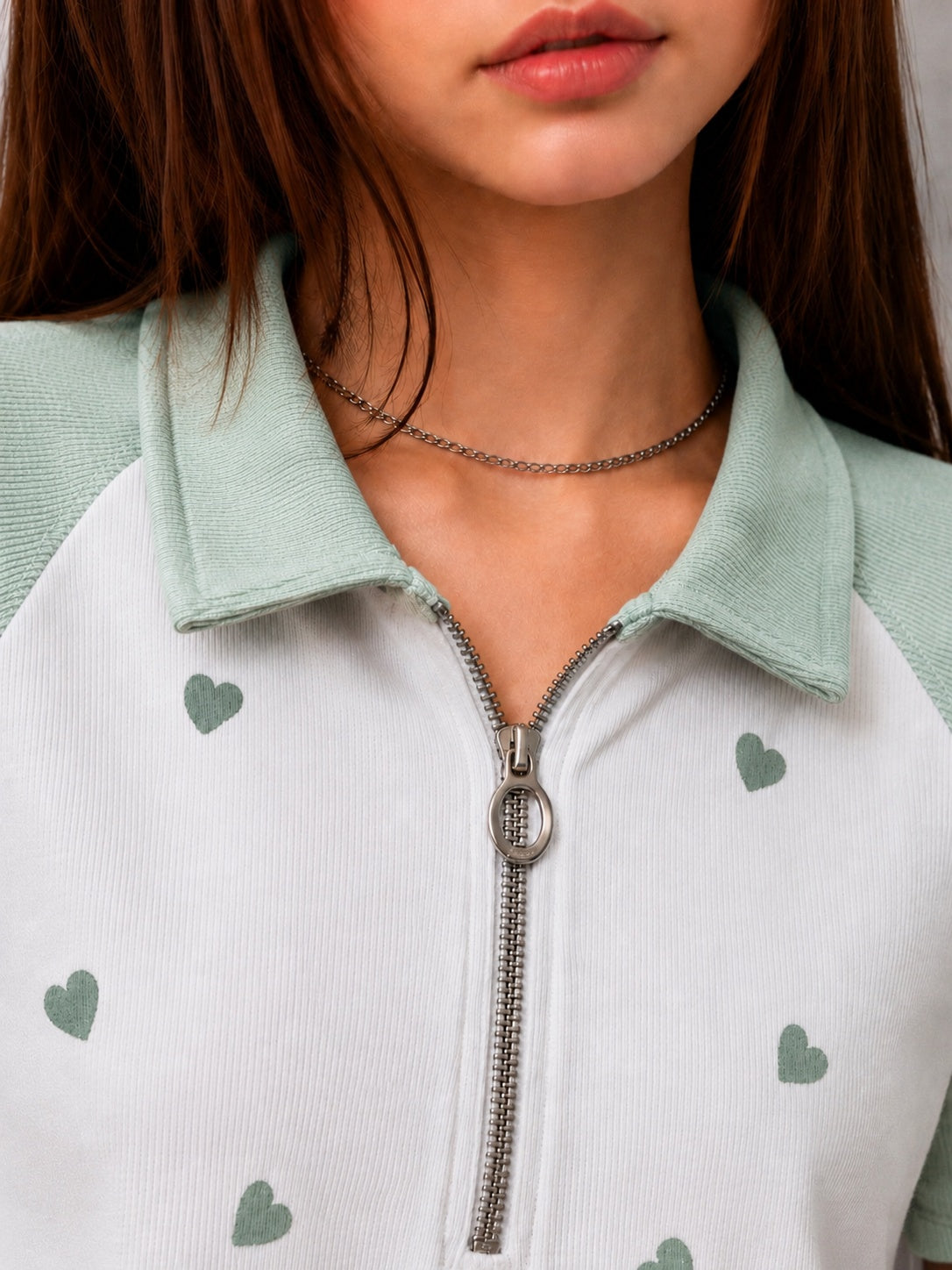 Heart Print Zip-Up Collar Crop Top