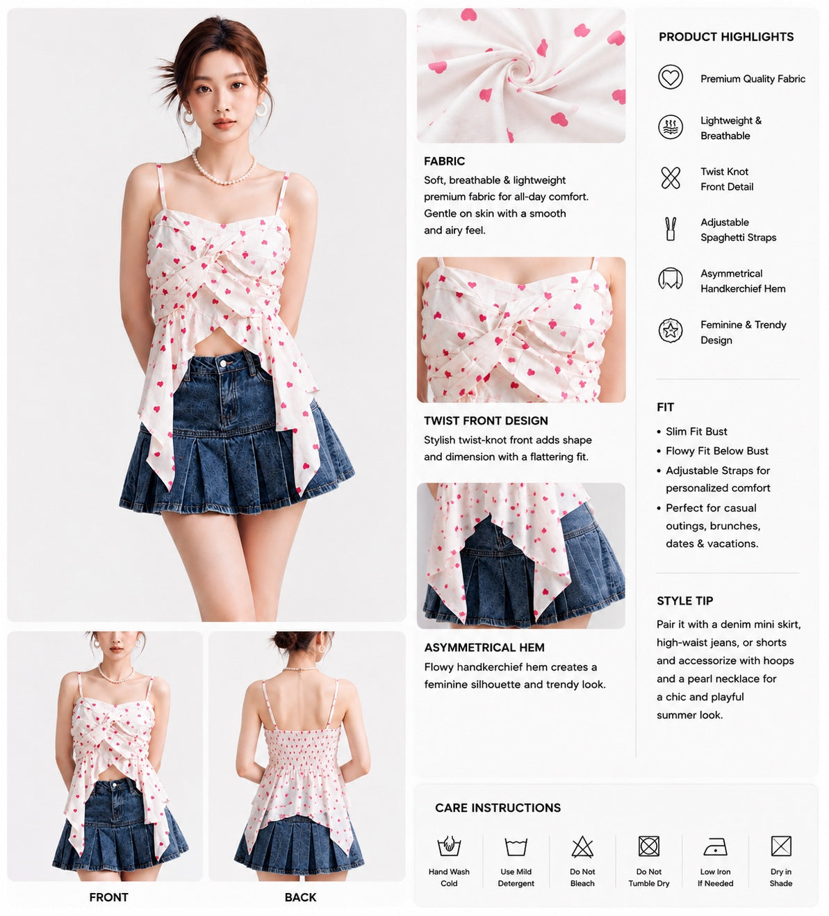 Sweetheart Heart Print Handkerchief Cami Top