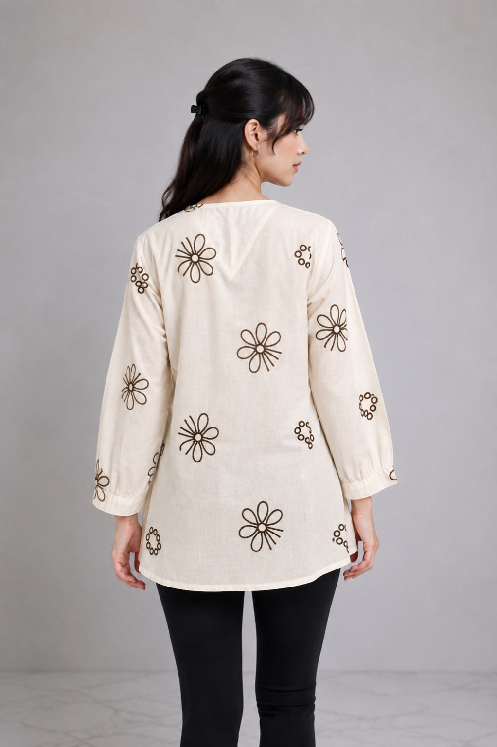 Floral Embroidered V-Neck Cotton Short Kurti