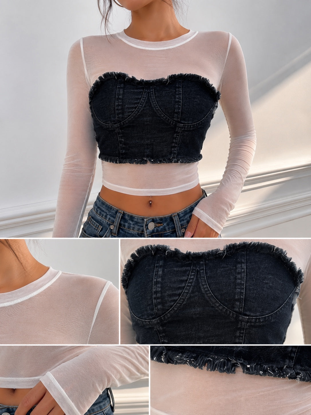 Denim Corset Mesh Crop Top