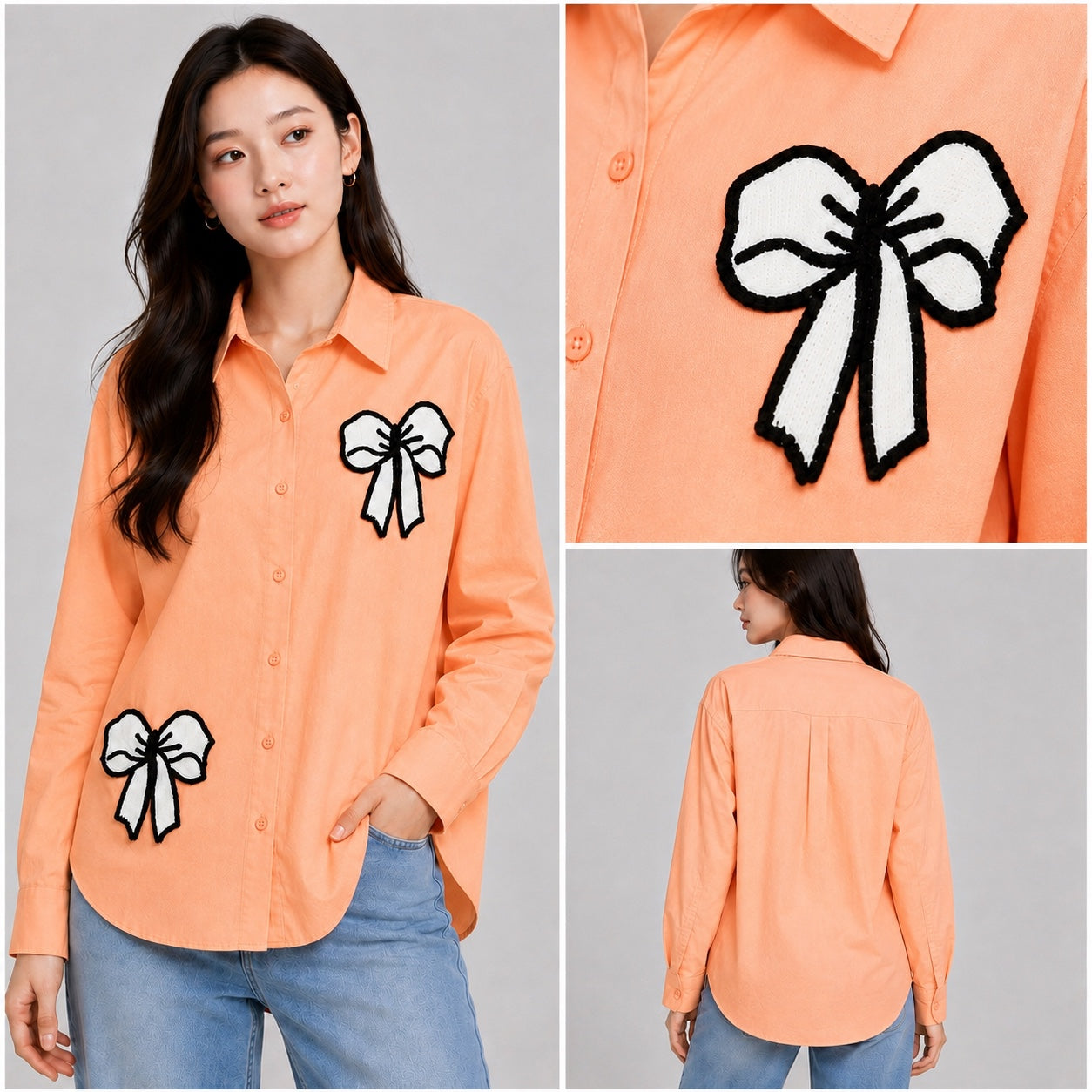 Women’s Oversized Embroidered Bow Patch Cotton Shirt – Free Size