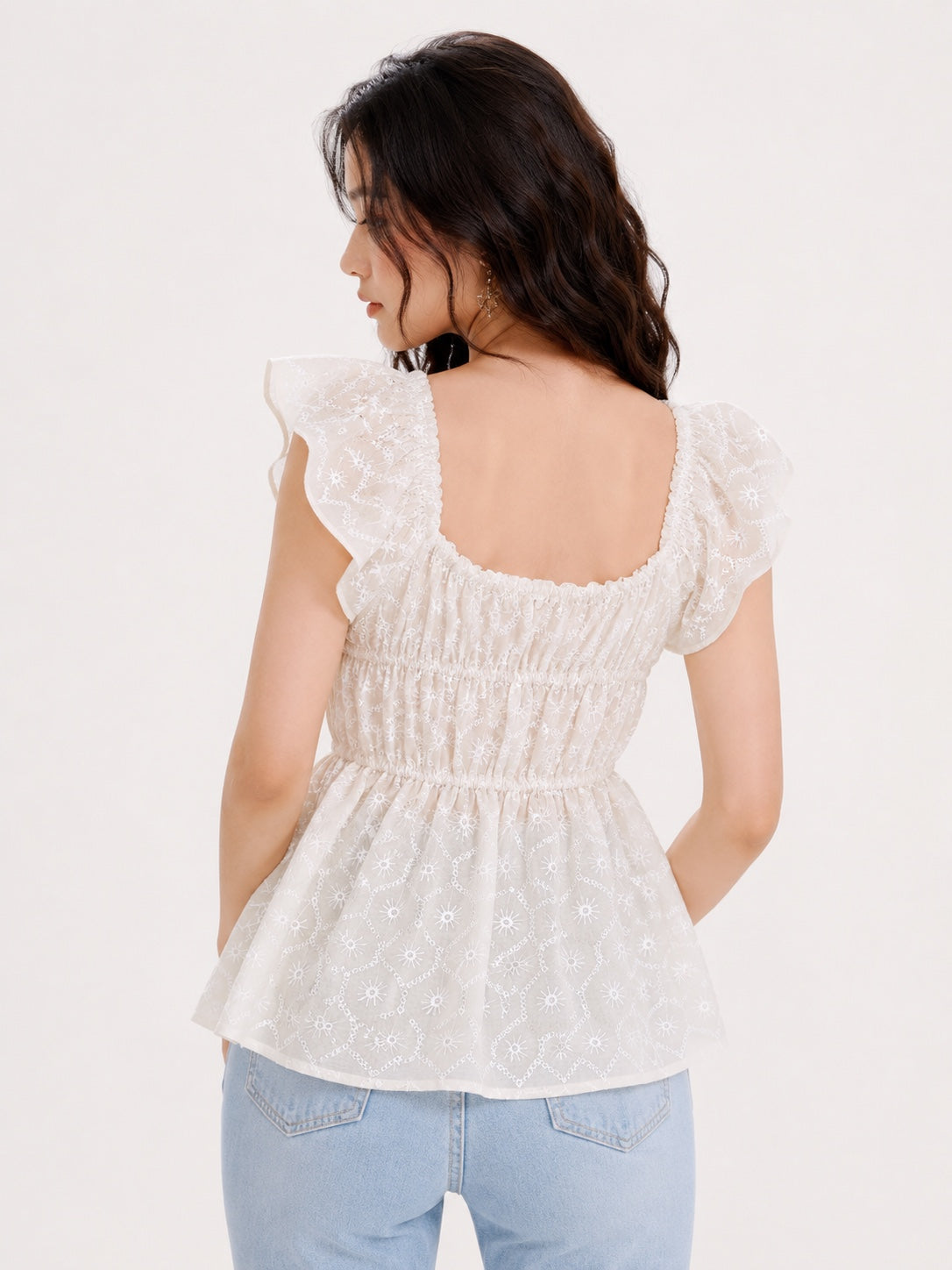 Ivory Embroidered Lace Peplum Top