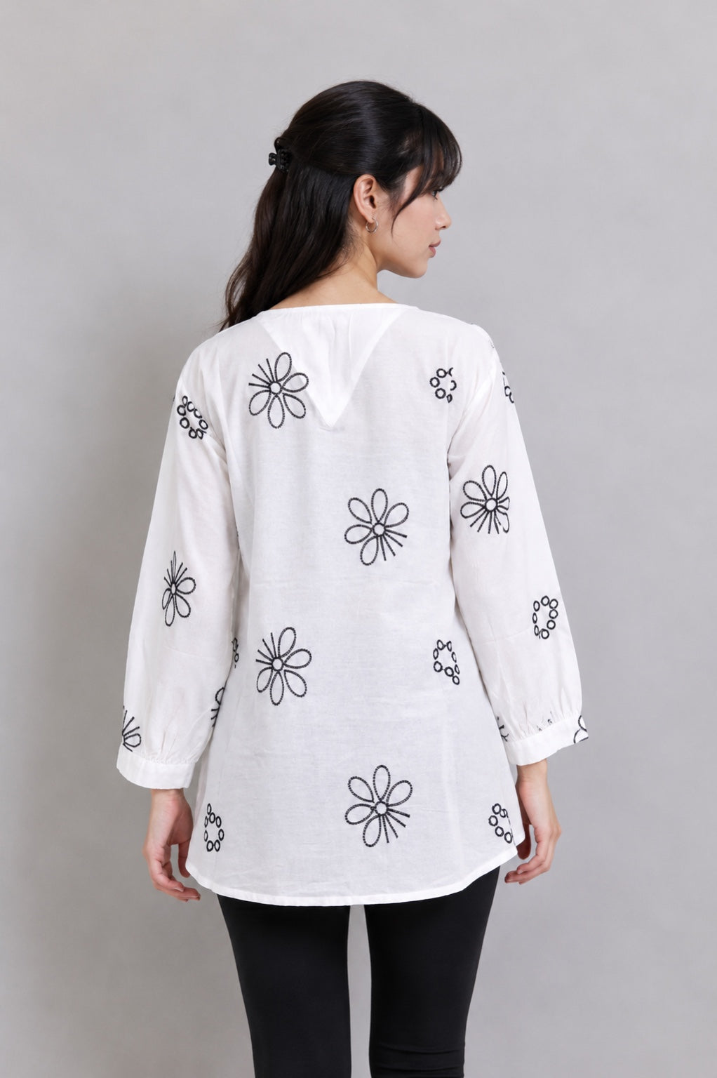 Floral Embroidered V-Neck Cotton Short Kurti
