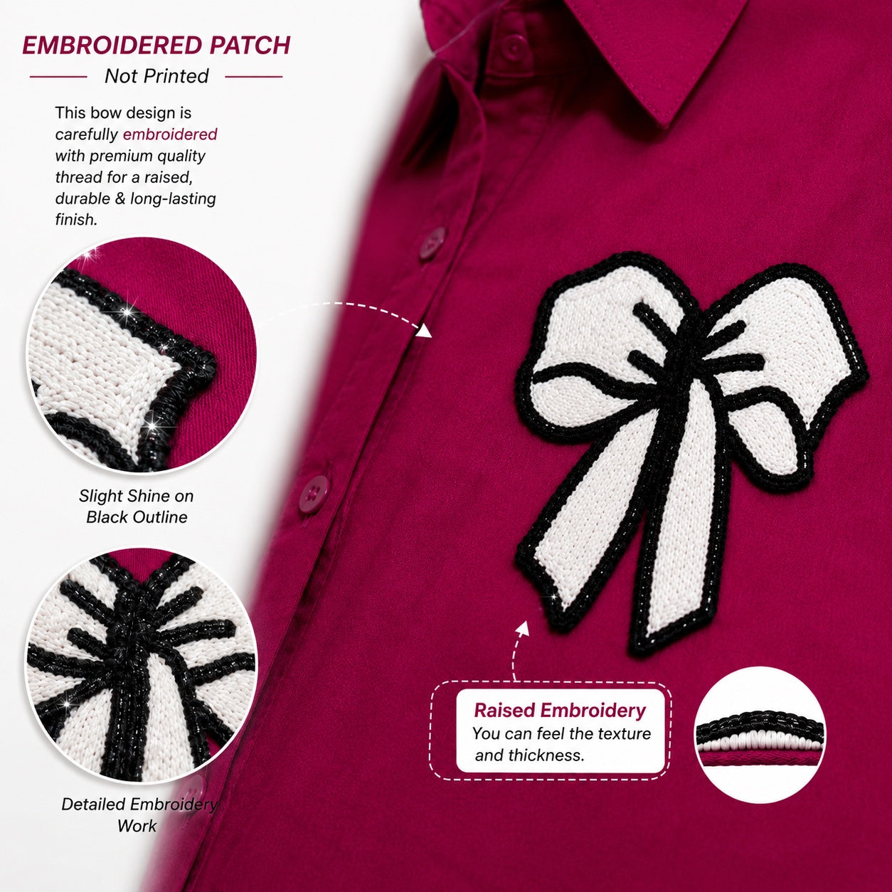 Women’s Oversized Embroidered Bow Patch Cotton Shirt – Free Size