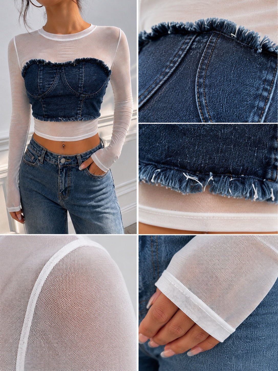 Denim Corset Mesh Crop Top
