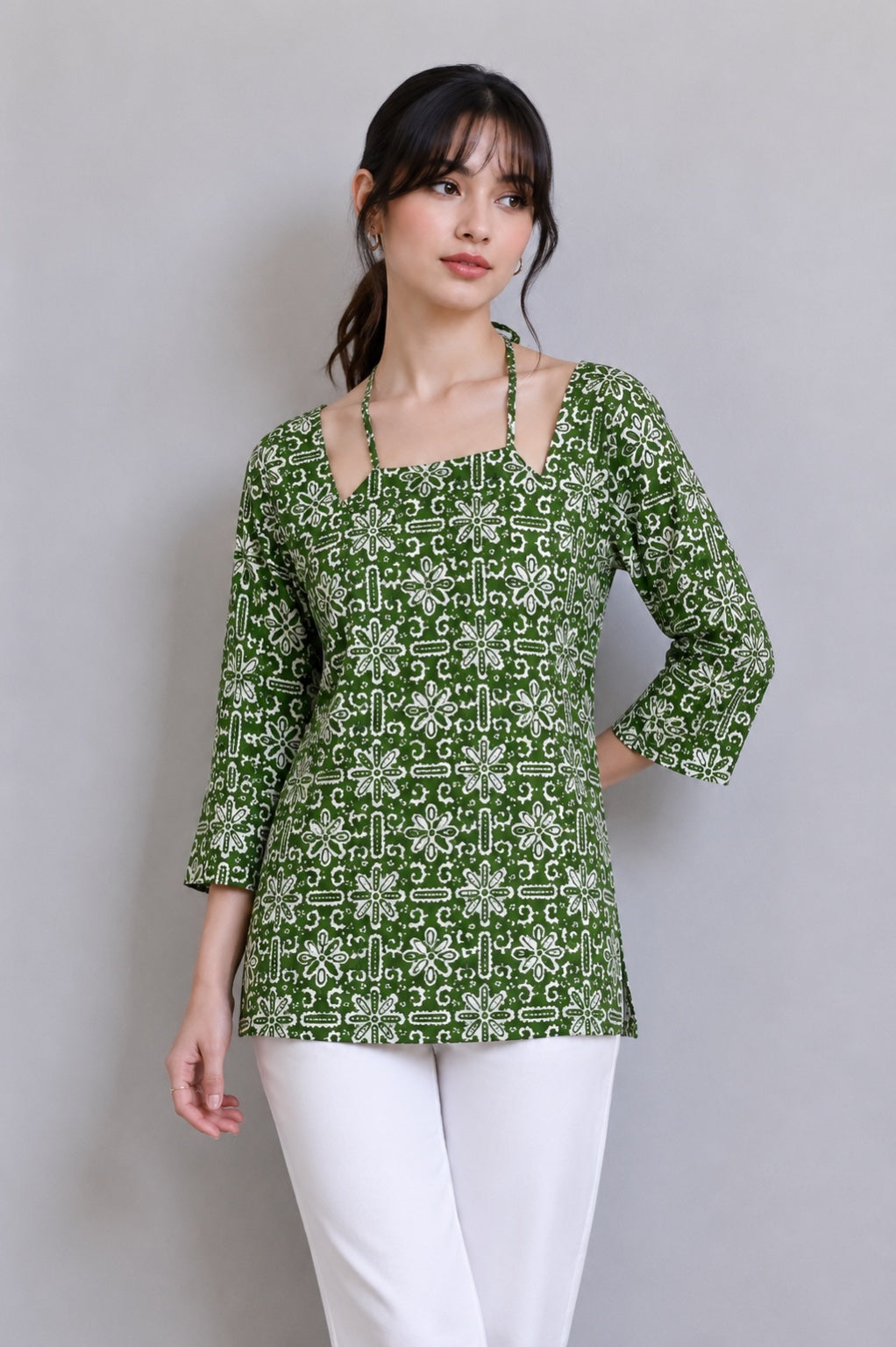 Heritage Print Lace-Up Cotton Short Kurti