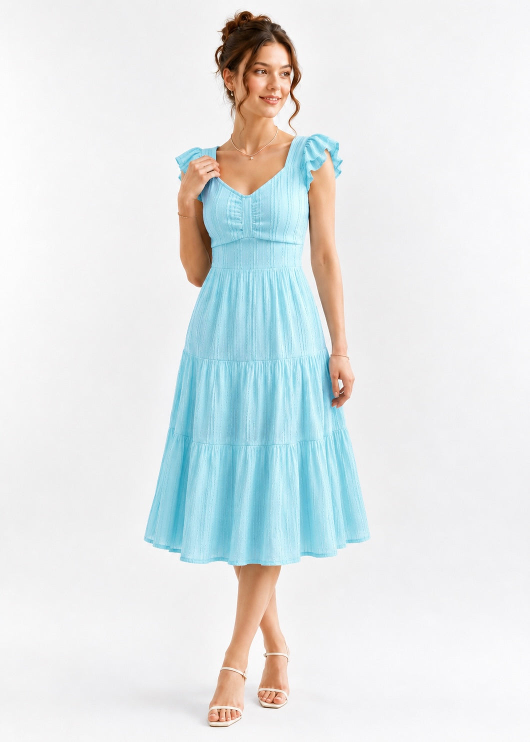 Azure Bloom Tiered Midi Dress