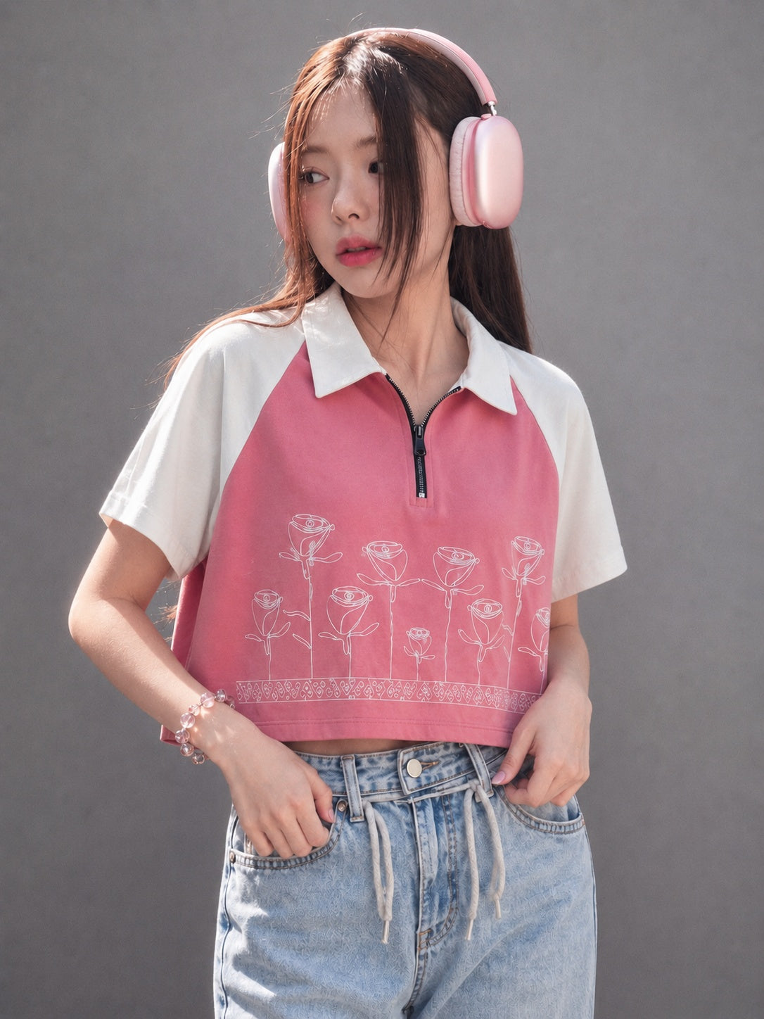 Floral Aesthetic Zip Collar T-shirt