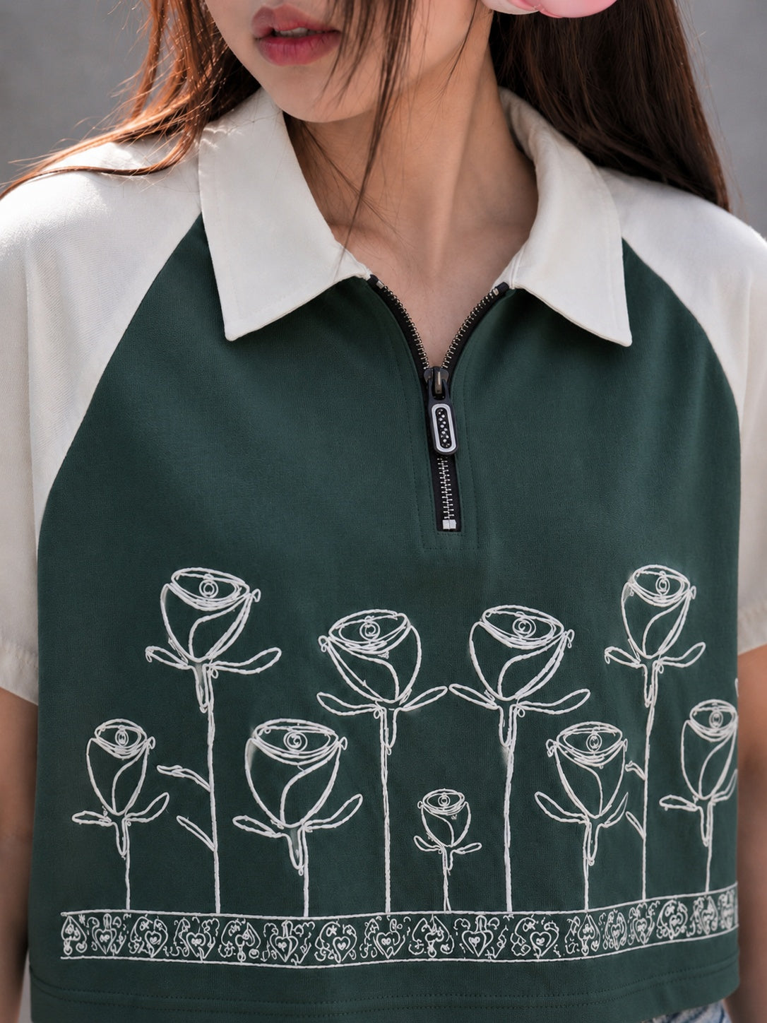 Floral Aesthetic Zip Collar T-shirt