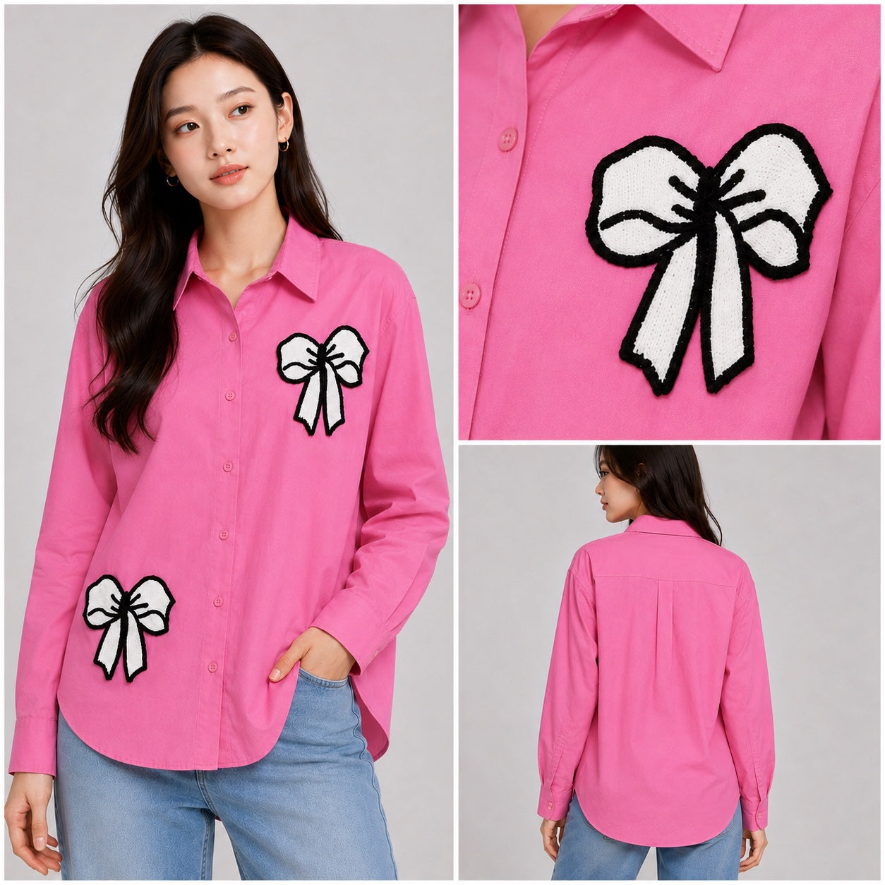 Women’s Oversized Embroidered Bow Patch Cotton Shirt – Free Size