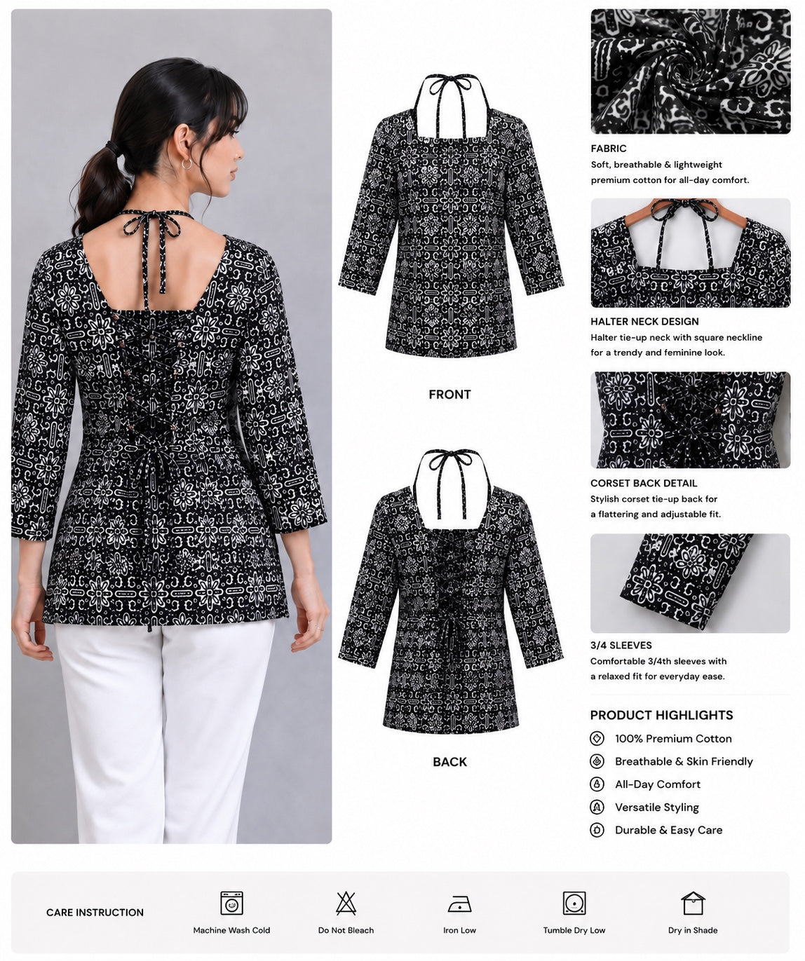Heritage Print Lace-Up Cotton Short Kurti