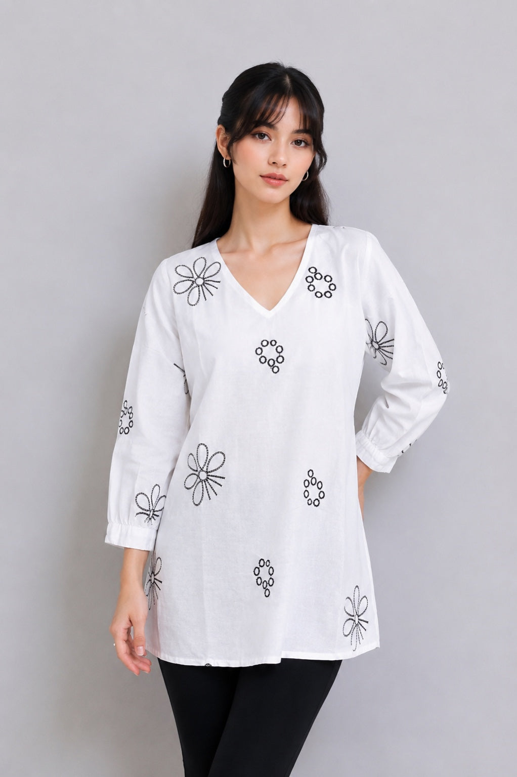 Floral Embroidered V-Neck Cotton Short Kurti