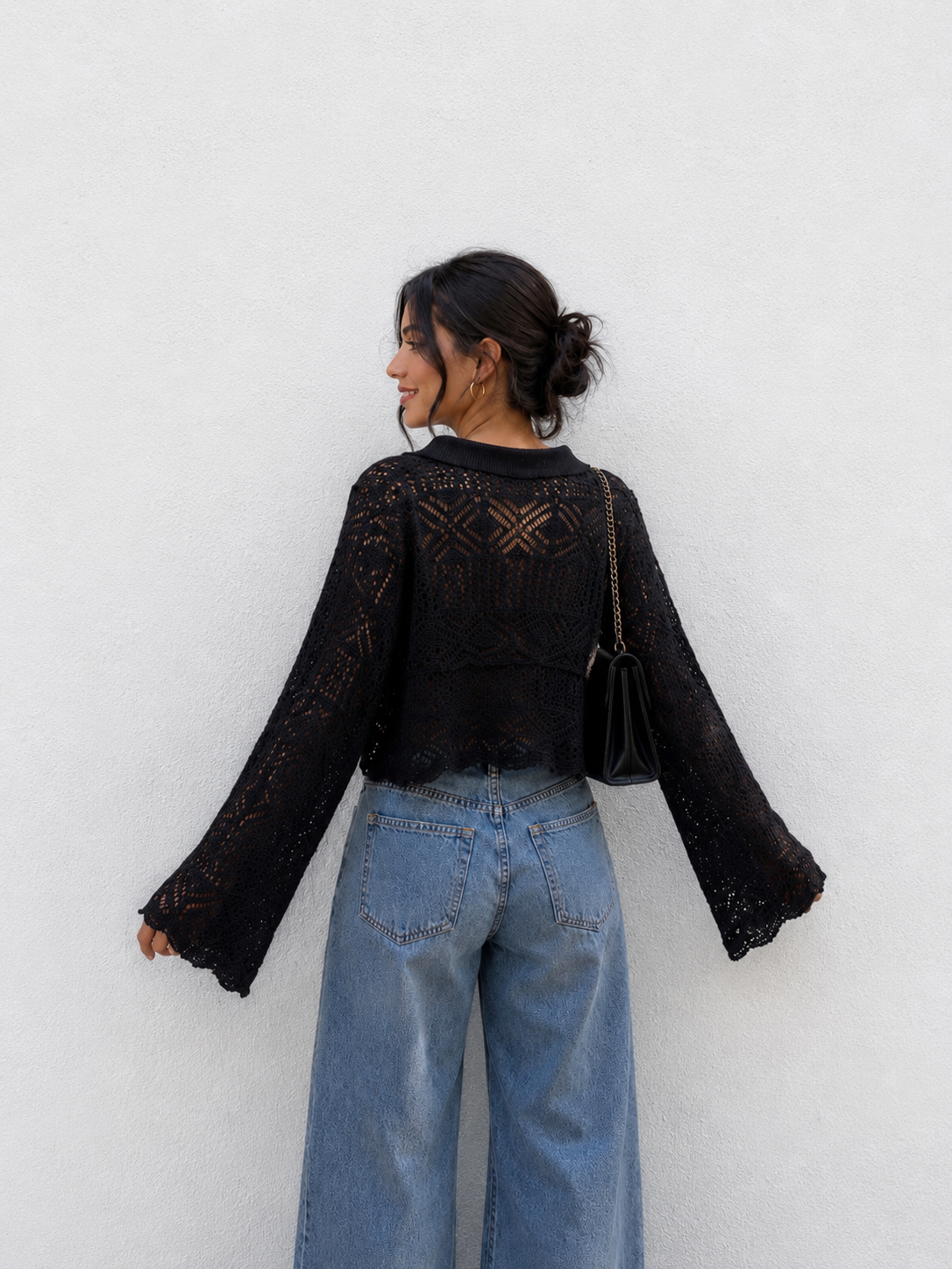 Women’s Crochet Knit Collared Crop Top