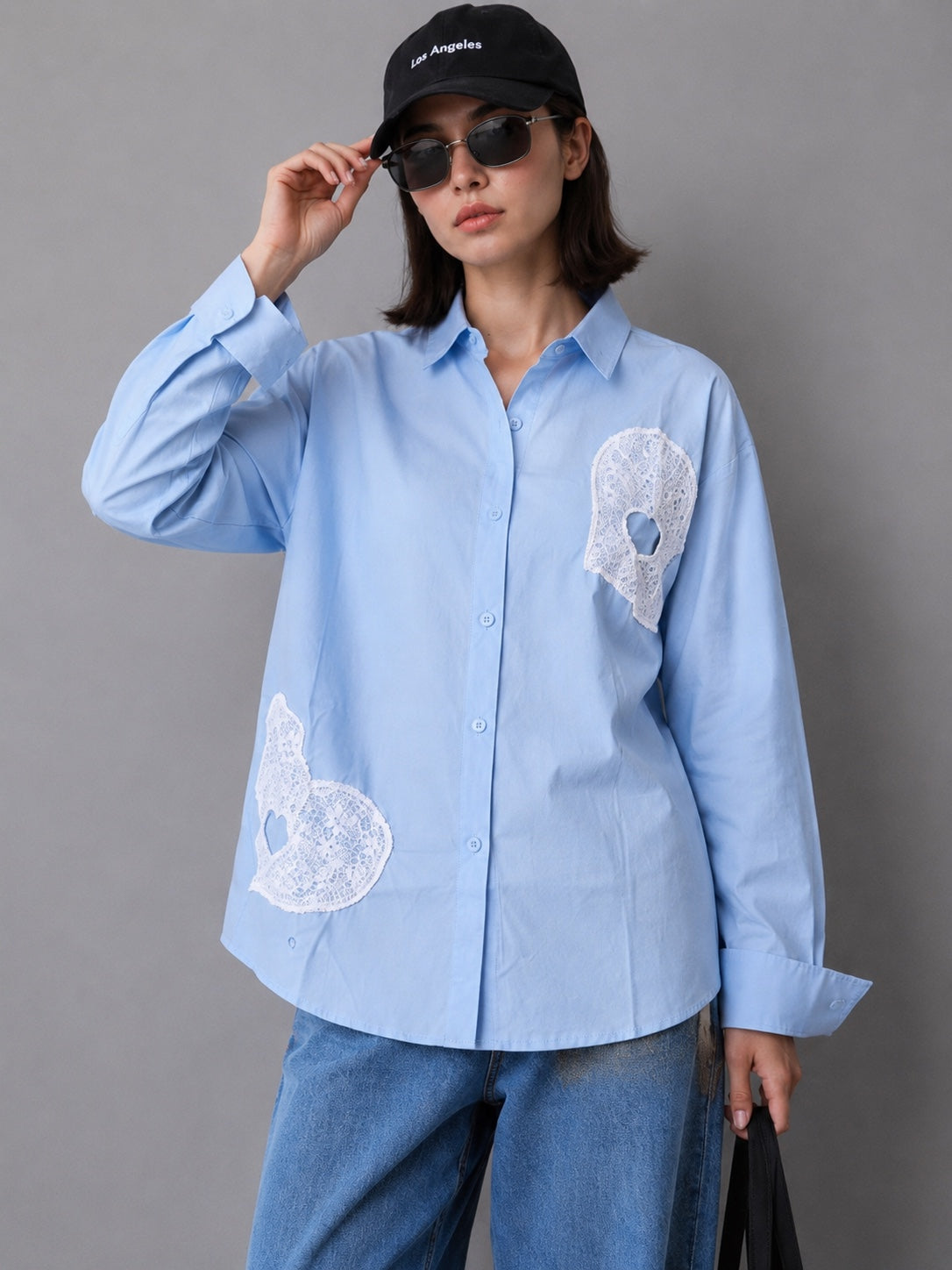Cotton Heart Lace Appliqué Casual Shirt