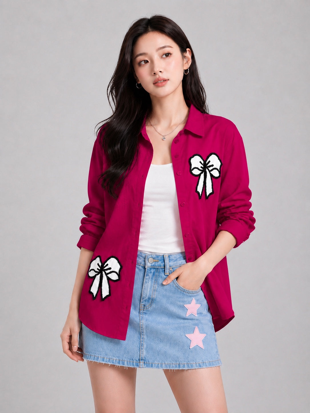 Women’s Oversized Embroidered Bow Patch Cotton Shirt – Free Size
