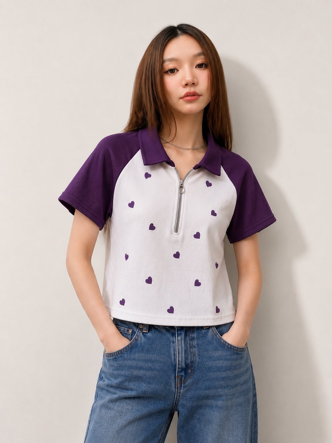 Heart Print Zip-Up Collar Crop Top