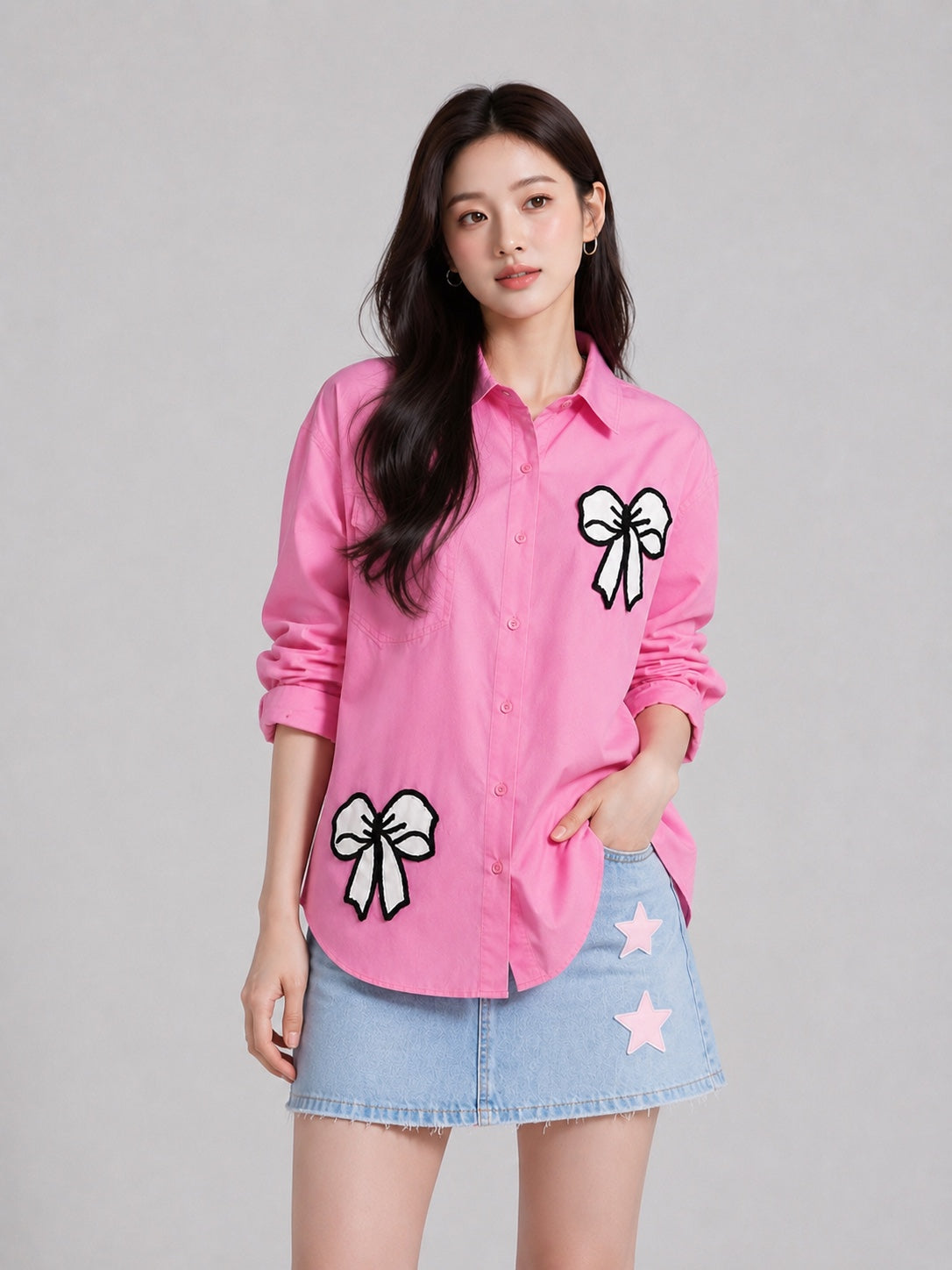 Women’s Oversized Embroidered Bow Patch Cotton Shirt – Free Size