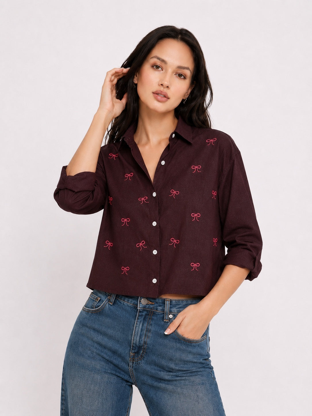 Women’s Bow Embroidered Crop Shirt