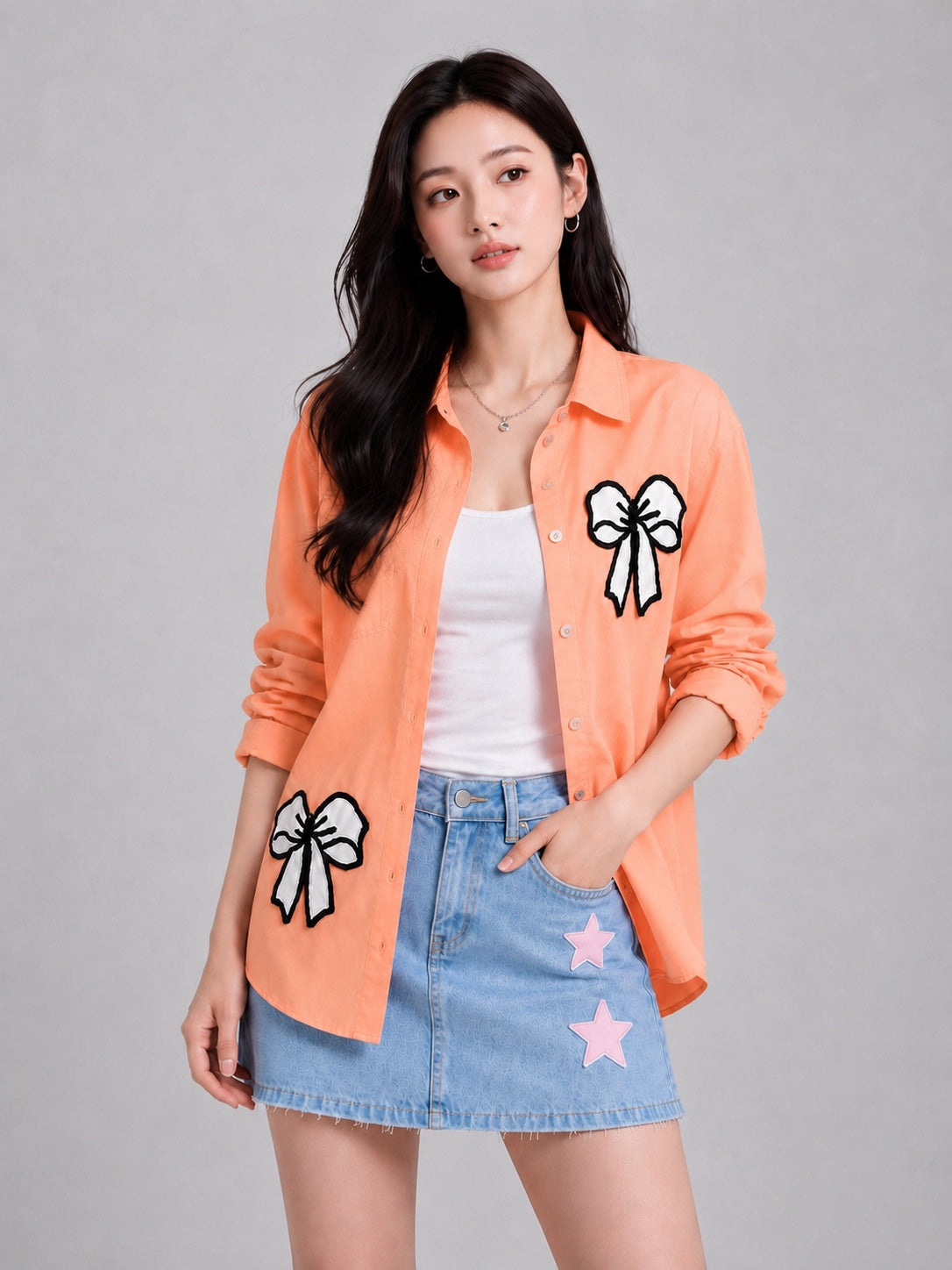 Women’s Oversized Embroidered Bow Patch Cotton Shirt – Free Size