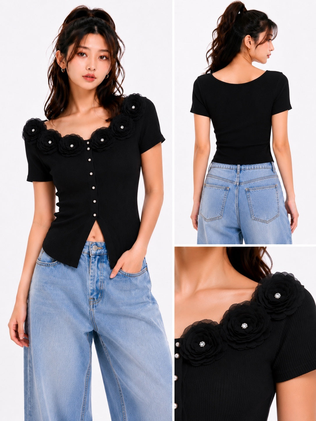 3D Floral Ribbed Knit Top