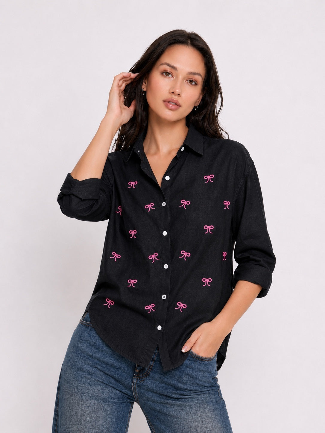Women’s Bow Embroidered Oversized Shirt