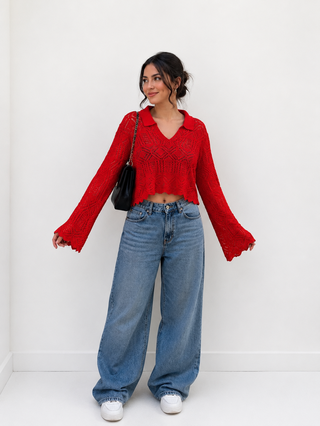Women’s Crochet Knit Collared Crop Top