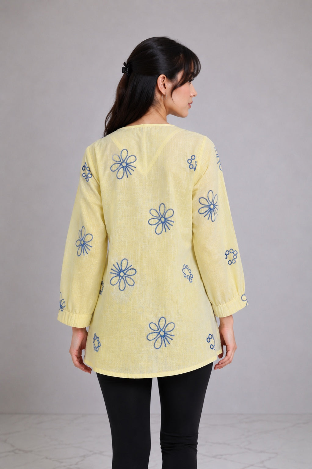 Floral Embroidered V-Neck Cotton Short Kurti