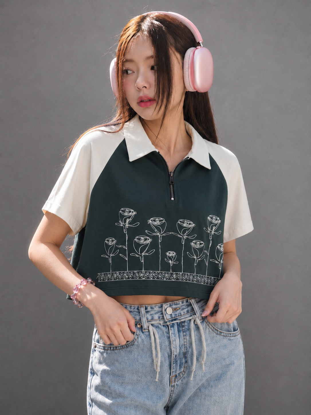Floral Aesthetic Zip Collar T-shirt