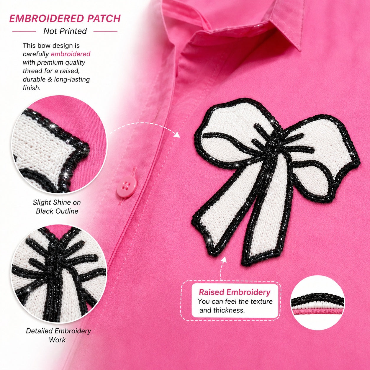 Women’s Oversized Embroidered Bow Patch Cotton Shirt – Free Size
