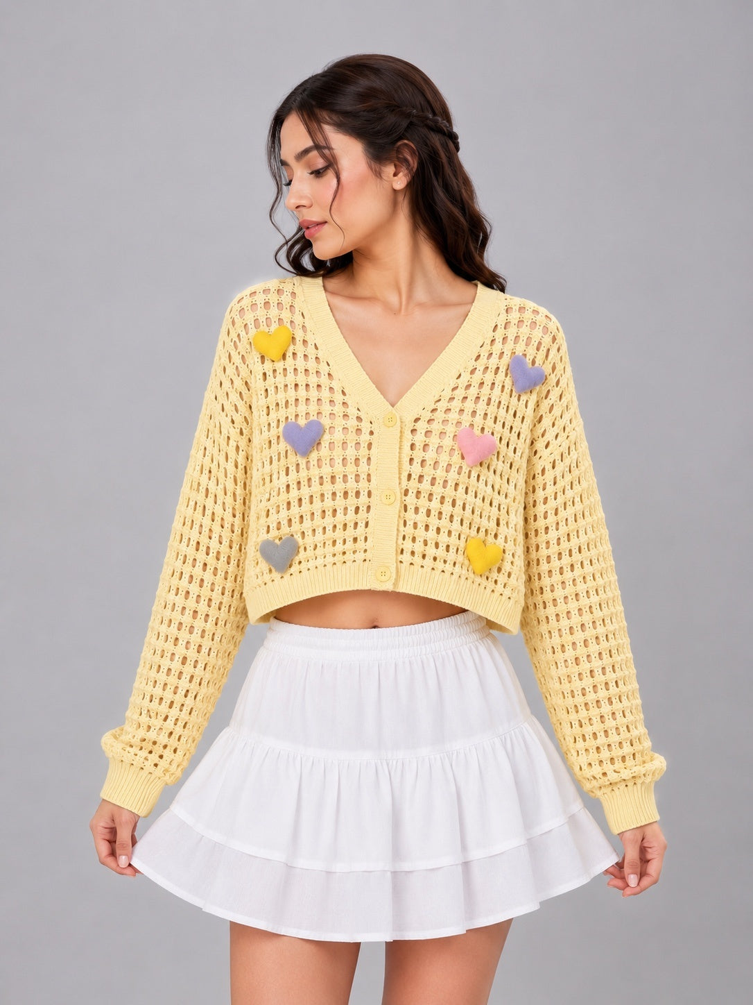 Heart Popcorn Crochet Knit Cardigan – Free Size