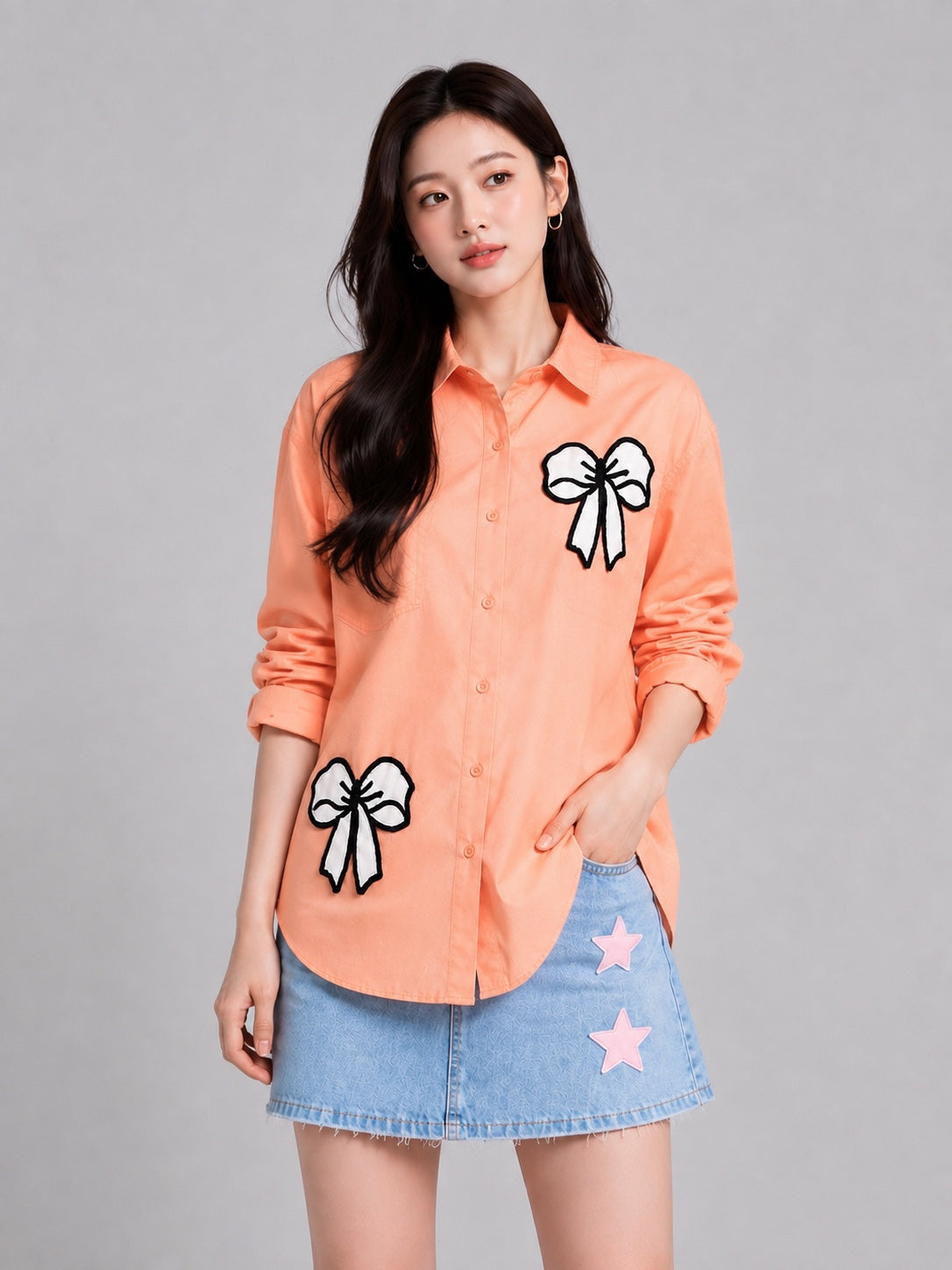 Women’s Oversized Embroidered Bow Patch Cotton Shirt – Free Size