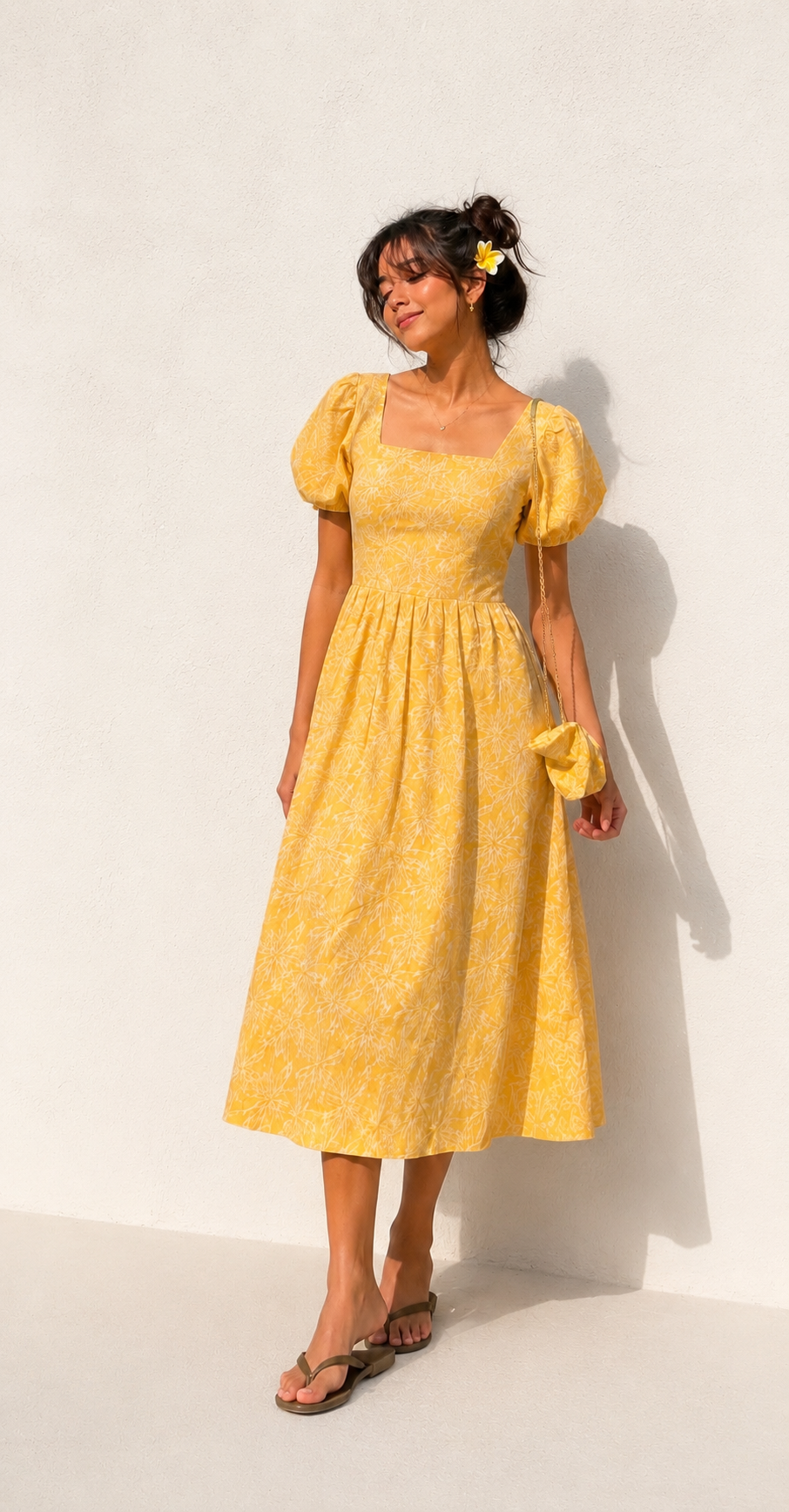 Floral Puff Sleeve Midi Dress with Sling Bag