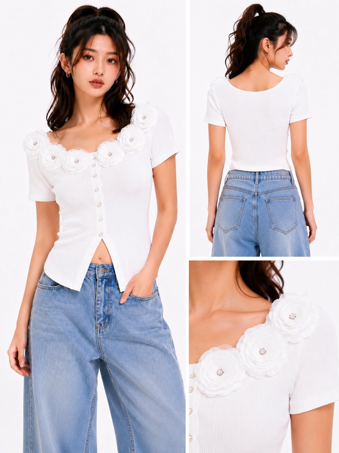 3D Floral Ribbed Knit Top
