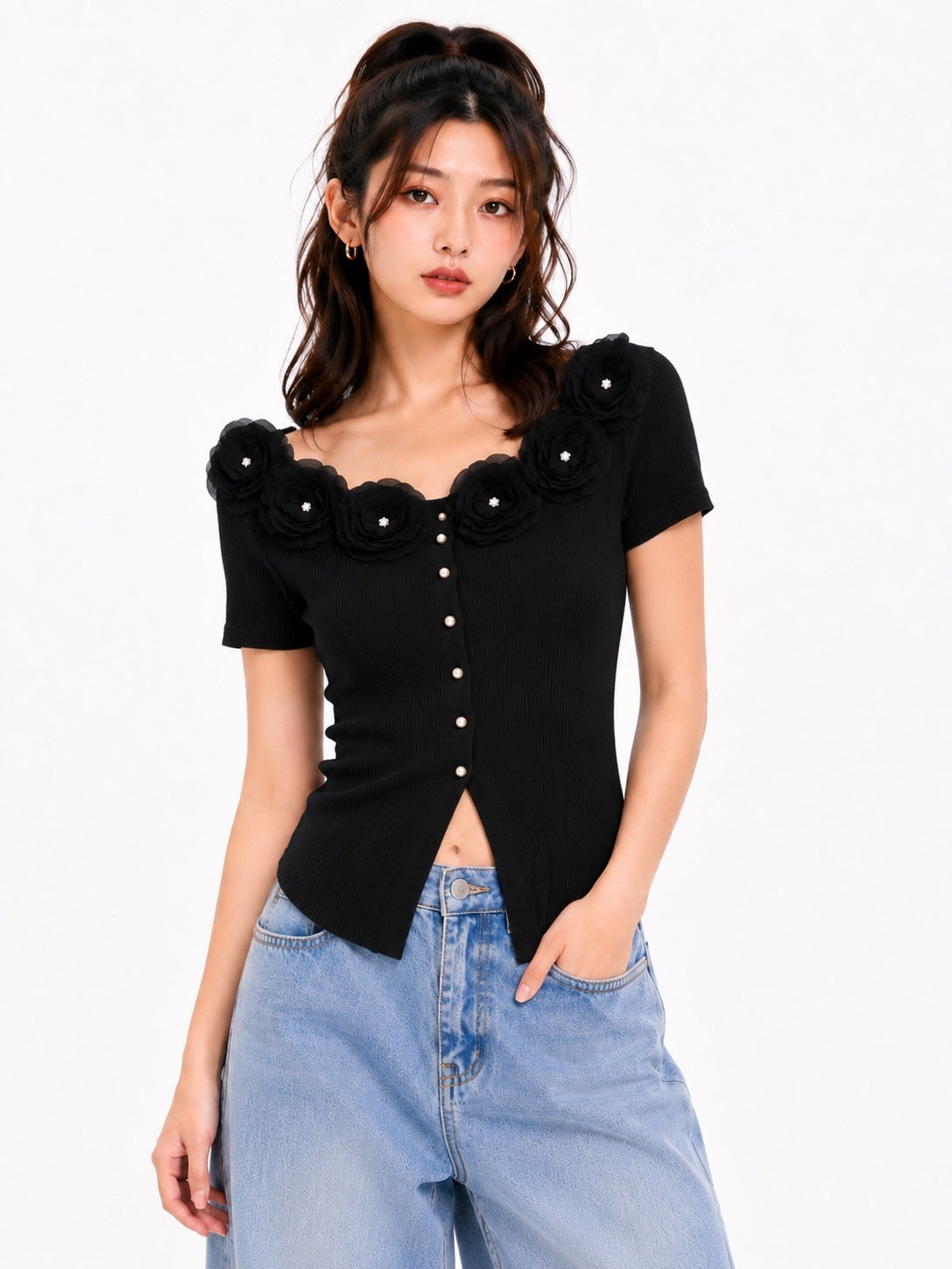 3D Floral Ribbed Knit Top