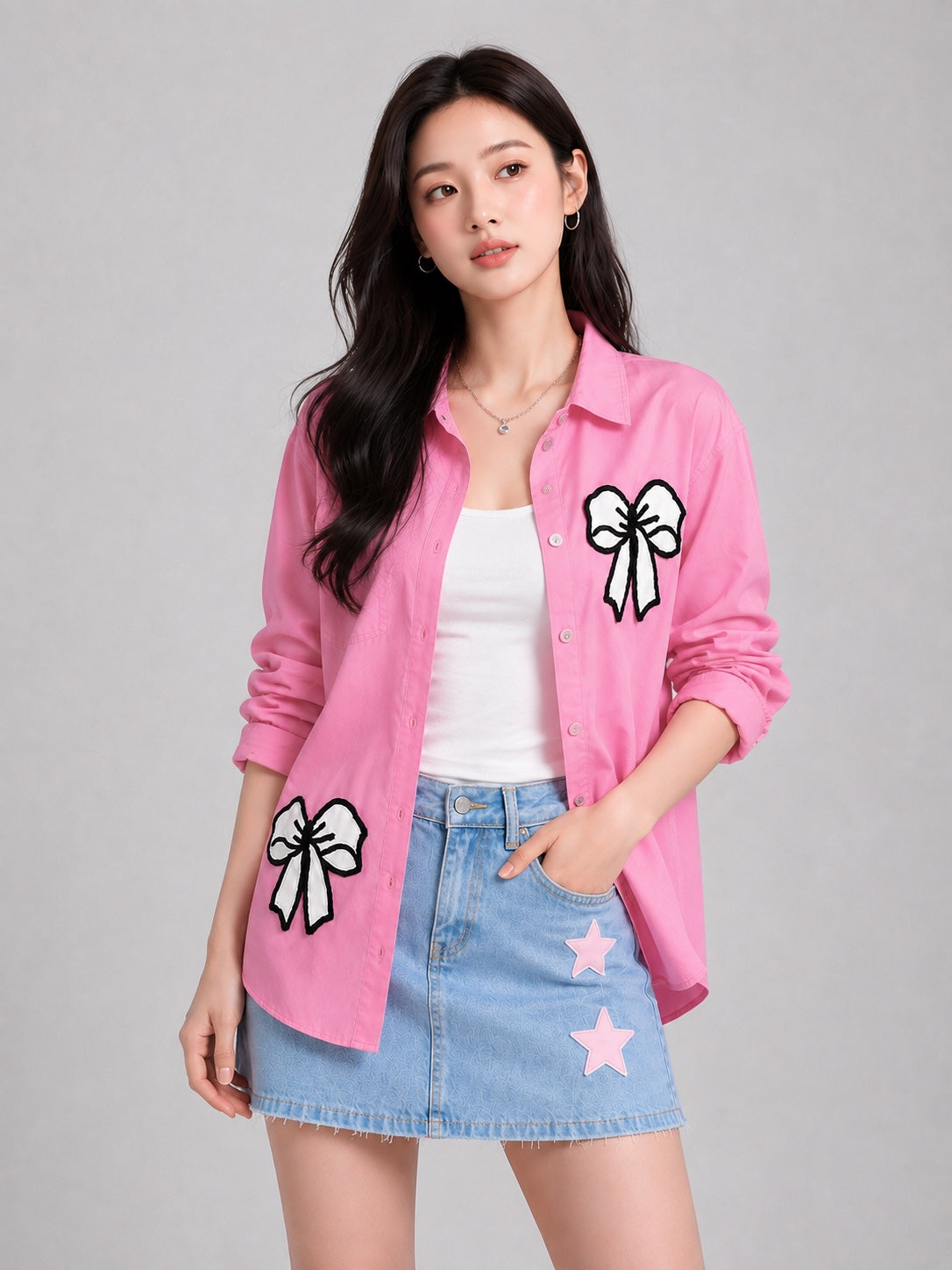 Women’s Oversized Embroidered Bow Patch Cotton Shirt – Free Size