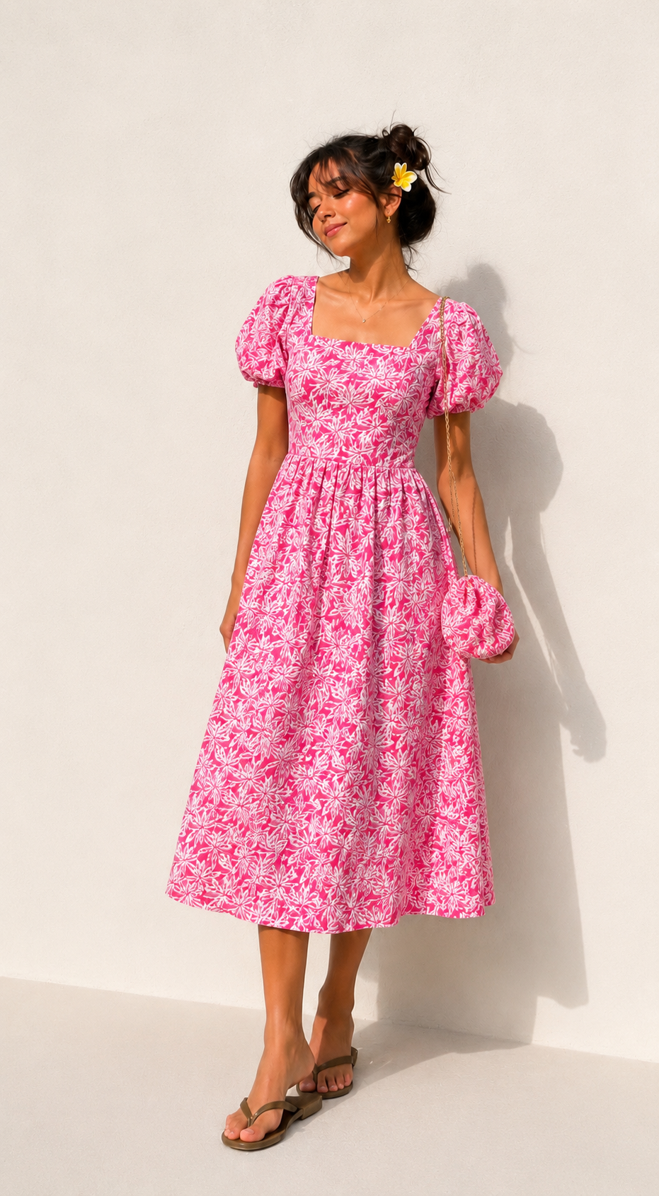 Floral Puff Sleeve Midi Dress with Sling Bag