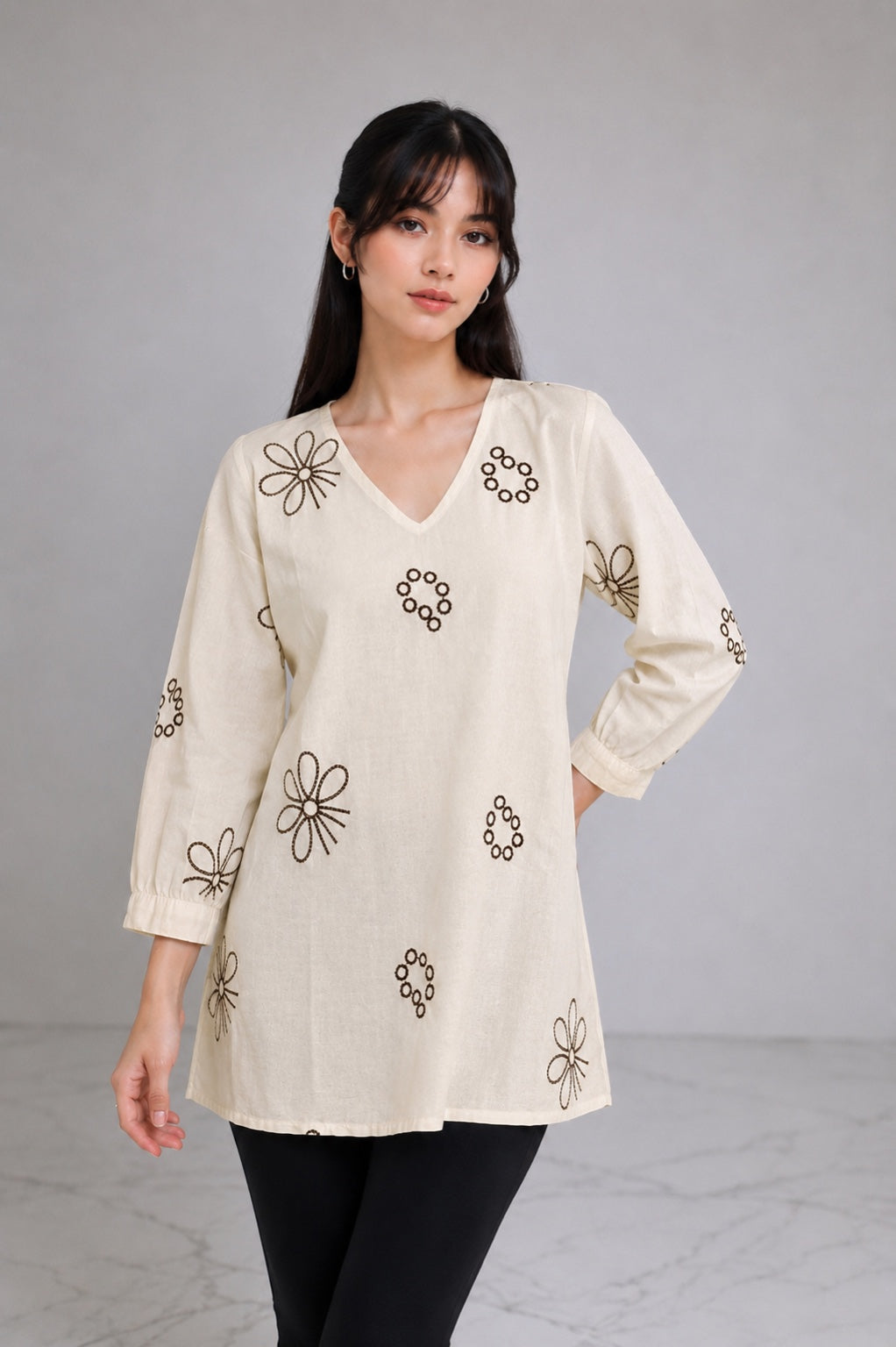Floral Embroidered V-Neck Cotton Short Kurti
