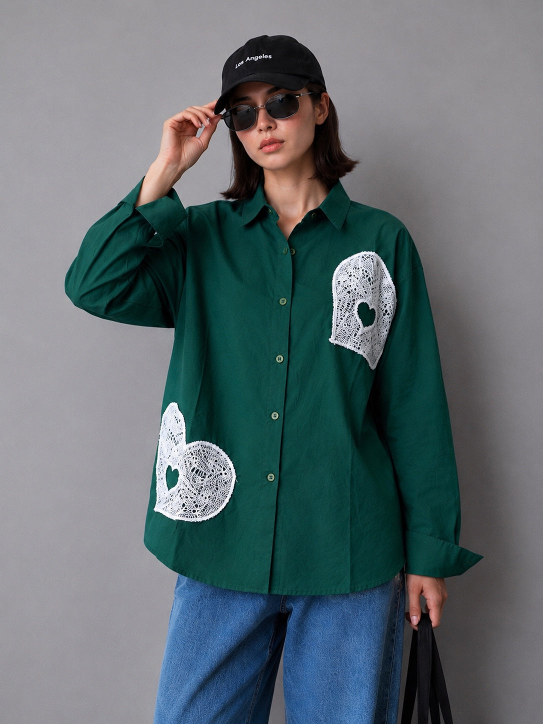 Cotton Heart Lace Appliqué Casual Shirt