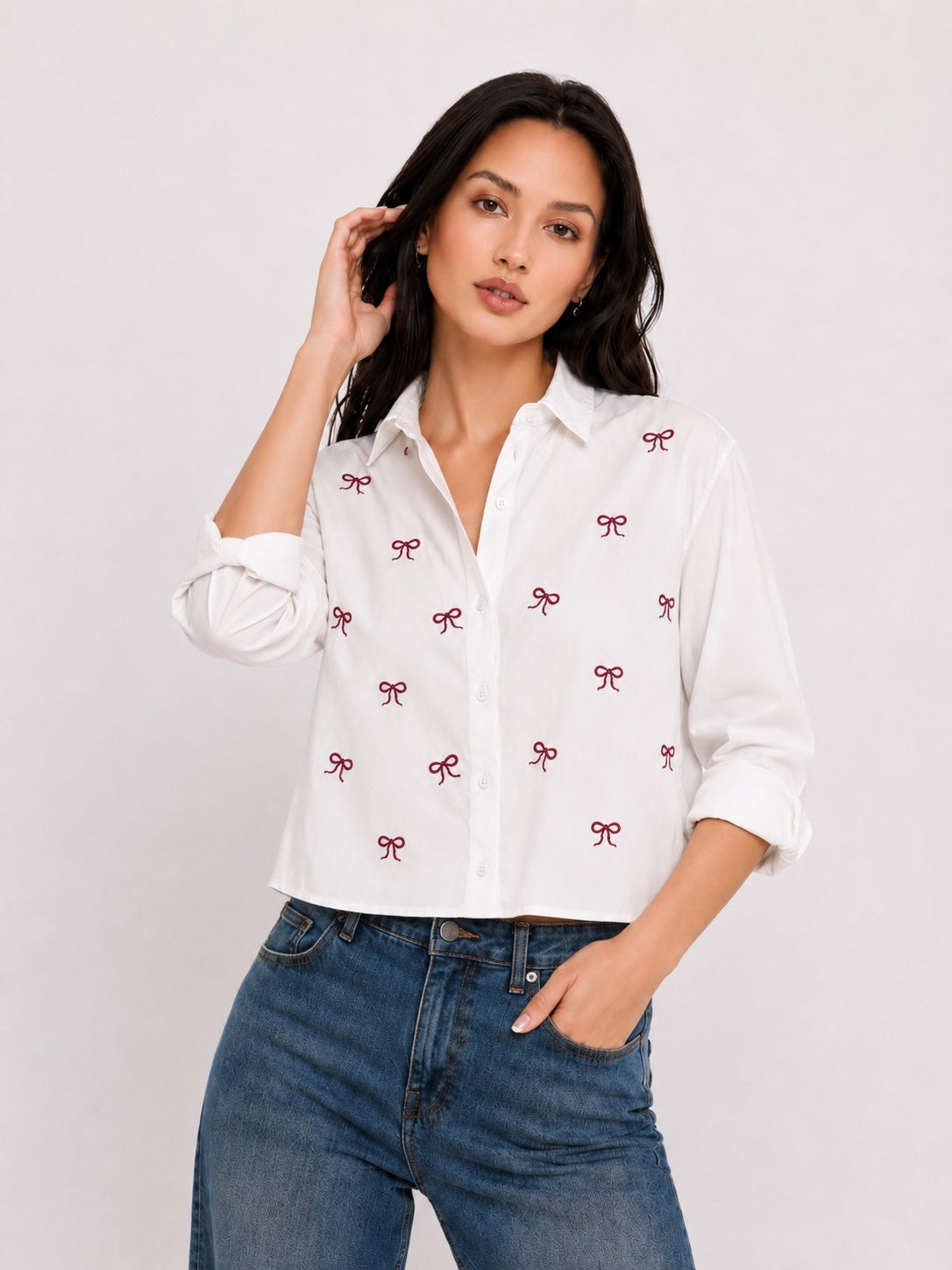 Women’s Bow Embroidered Crop Shirt