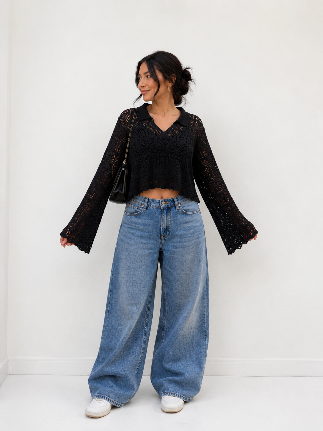 Women’s Crochet Knit Collared Crop Top