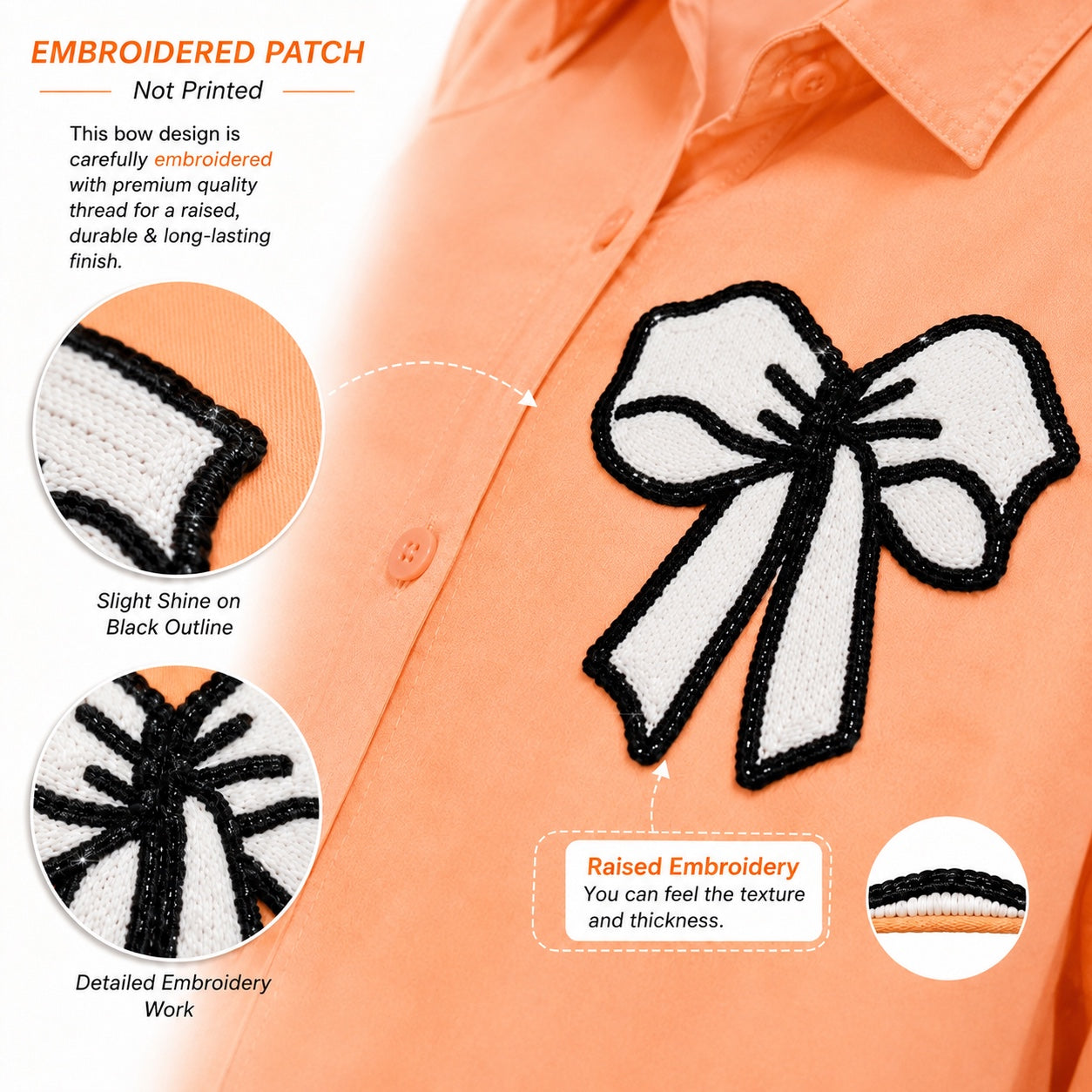 Women’s Oversized Embroidered Bow Patch Cotton Shirt – Free Size