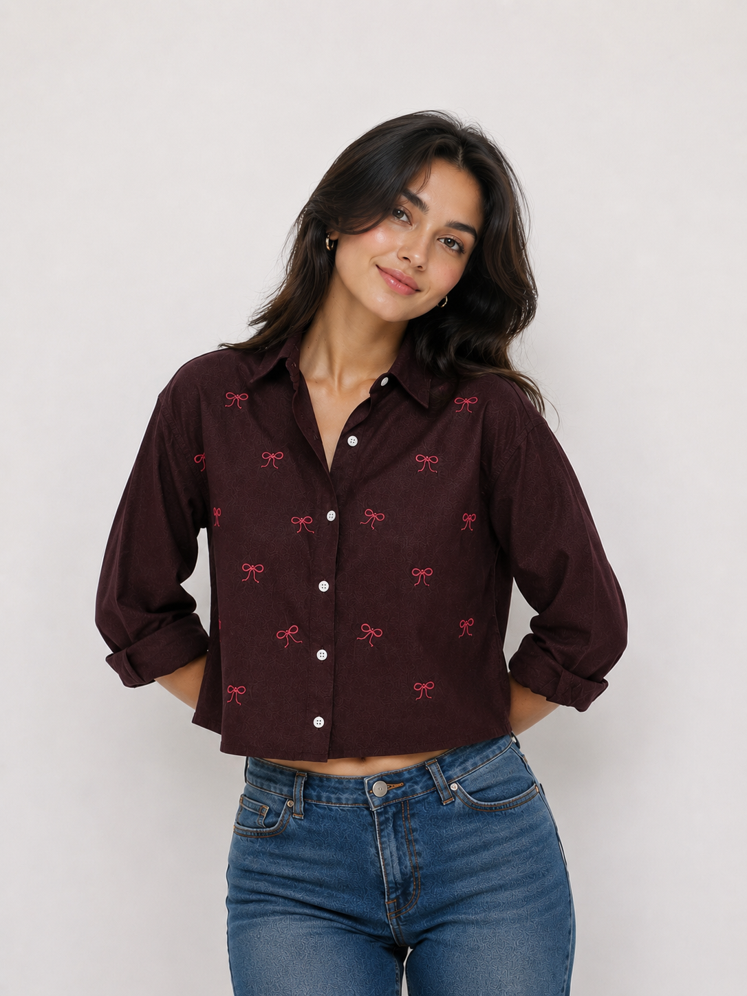 Women’s Bow Embroidered Crop Shirt