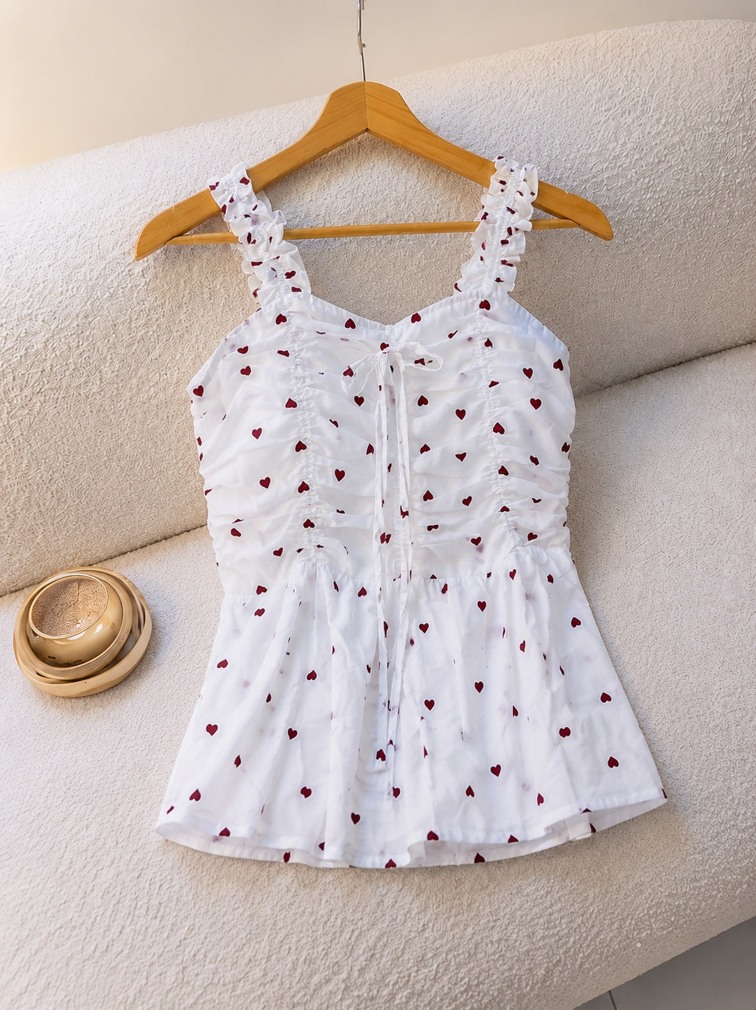 Sweetheart Heart Print Ruched Peplum Top