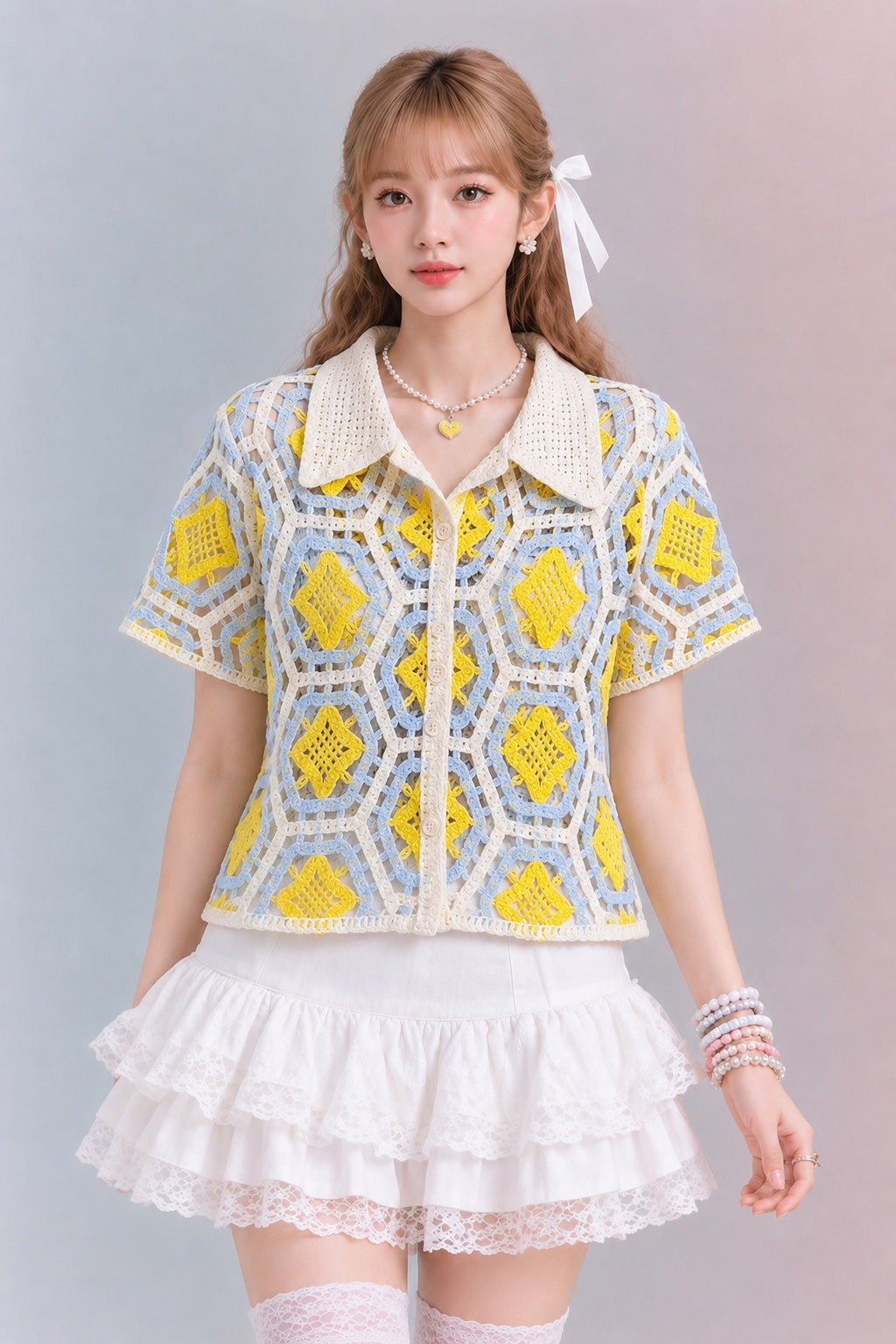 Crochet Patchwork Collared Shirt – Free Size